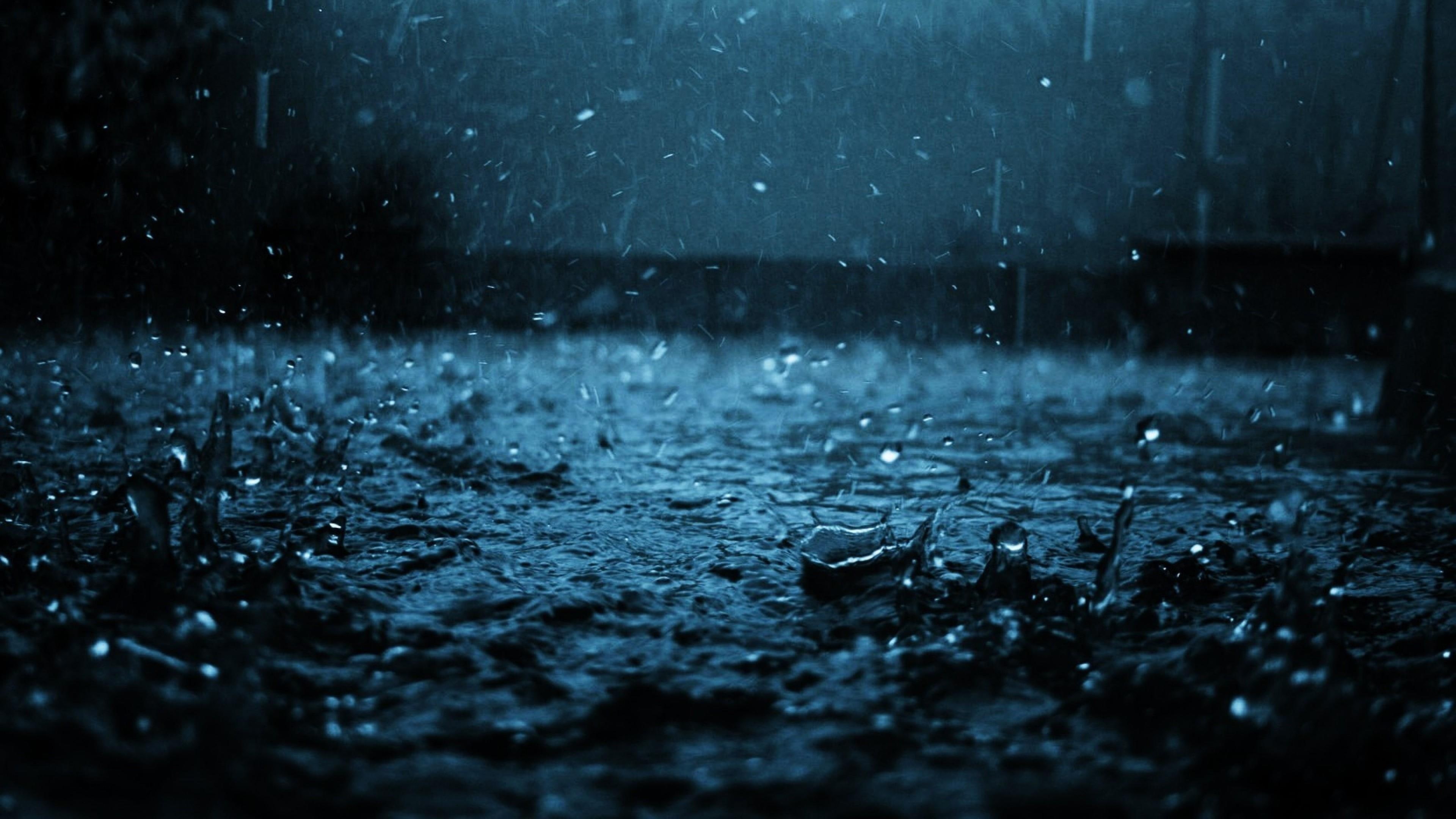 4K, rain, water, black, drops, blue, dark, HD Wallpaper