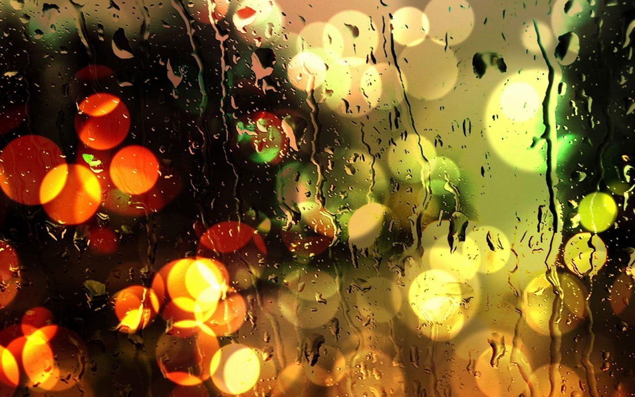 nature, water drops, night, focus on foreground, rainy season, 720P, water, colorful, outdoors, lights, orange color, window, wet, glass - material, illuminated, HD Wallpaper