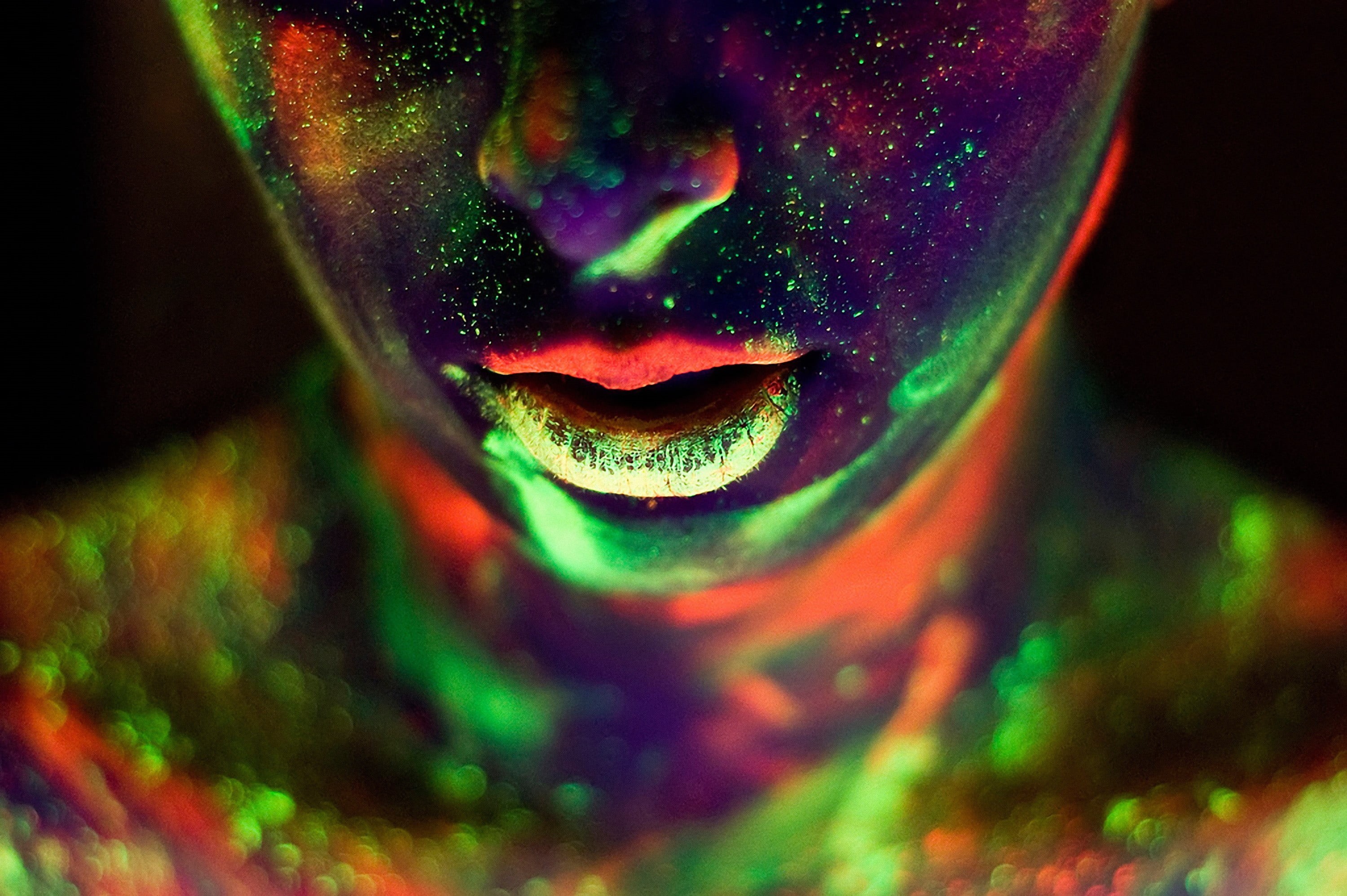 teenager, child, closeup, one person, multi colored, dark, headshot, juicy lips, make-up, abstract, body paint, front view, human face, 2K, indoors, body part, HD Wallpaper
