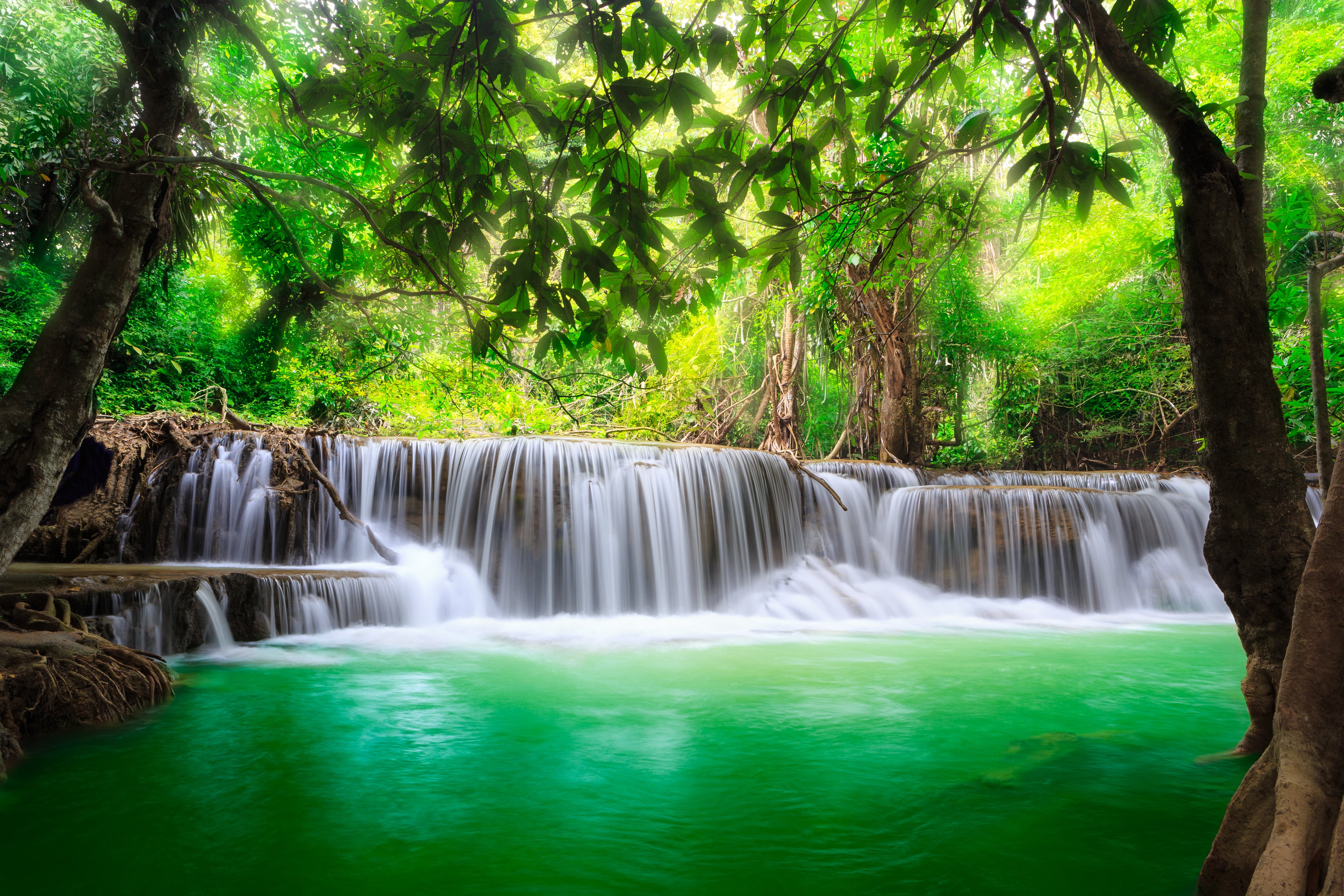 freshness, wet, falling, travel, motion, river, kanchanaburi Province, vacations, power in nature, day, waterfall, 5K, scenics - nature, rock - Object, HD Wallpaper