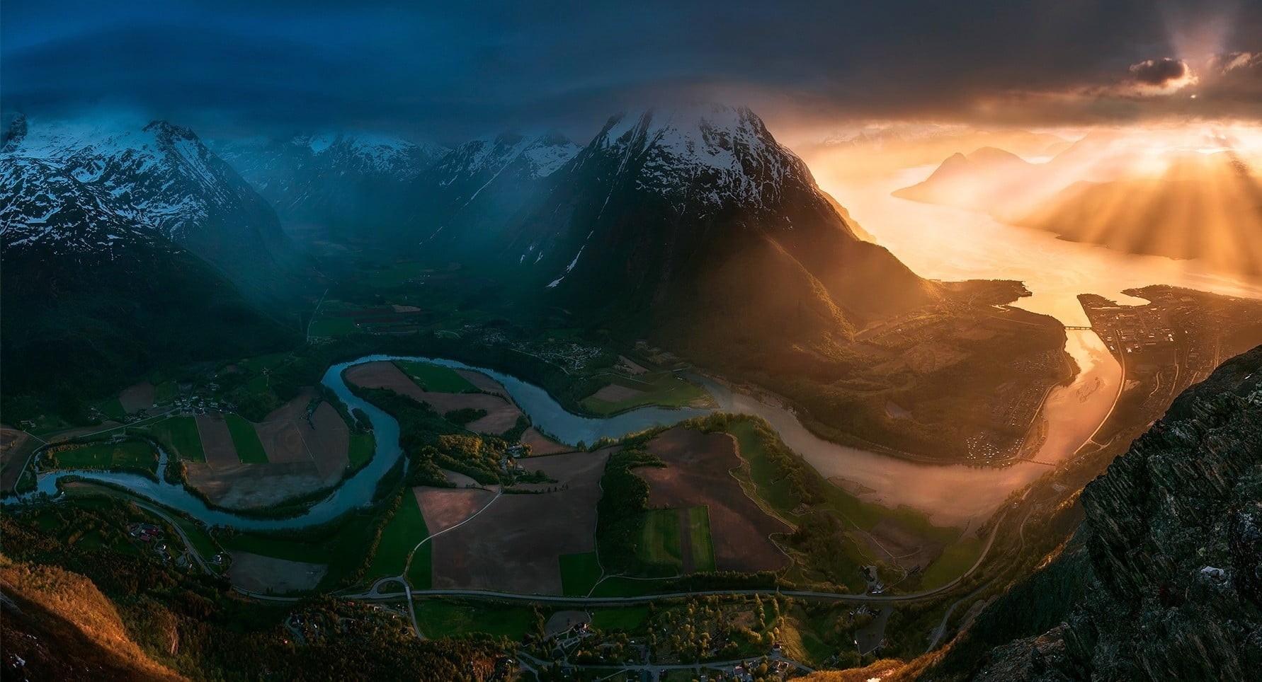 flowing, travel, sun rays, snowy peak, 720P, road, town, sunset, no people, non-urban scene, tranquil scene, mountain range, idyllic, tranquility, landscape, HD Wallpaper