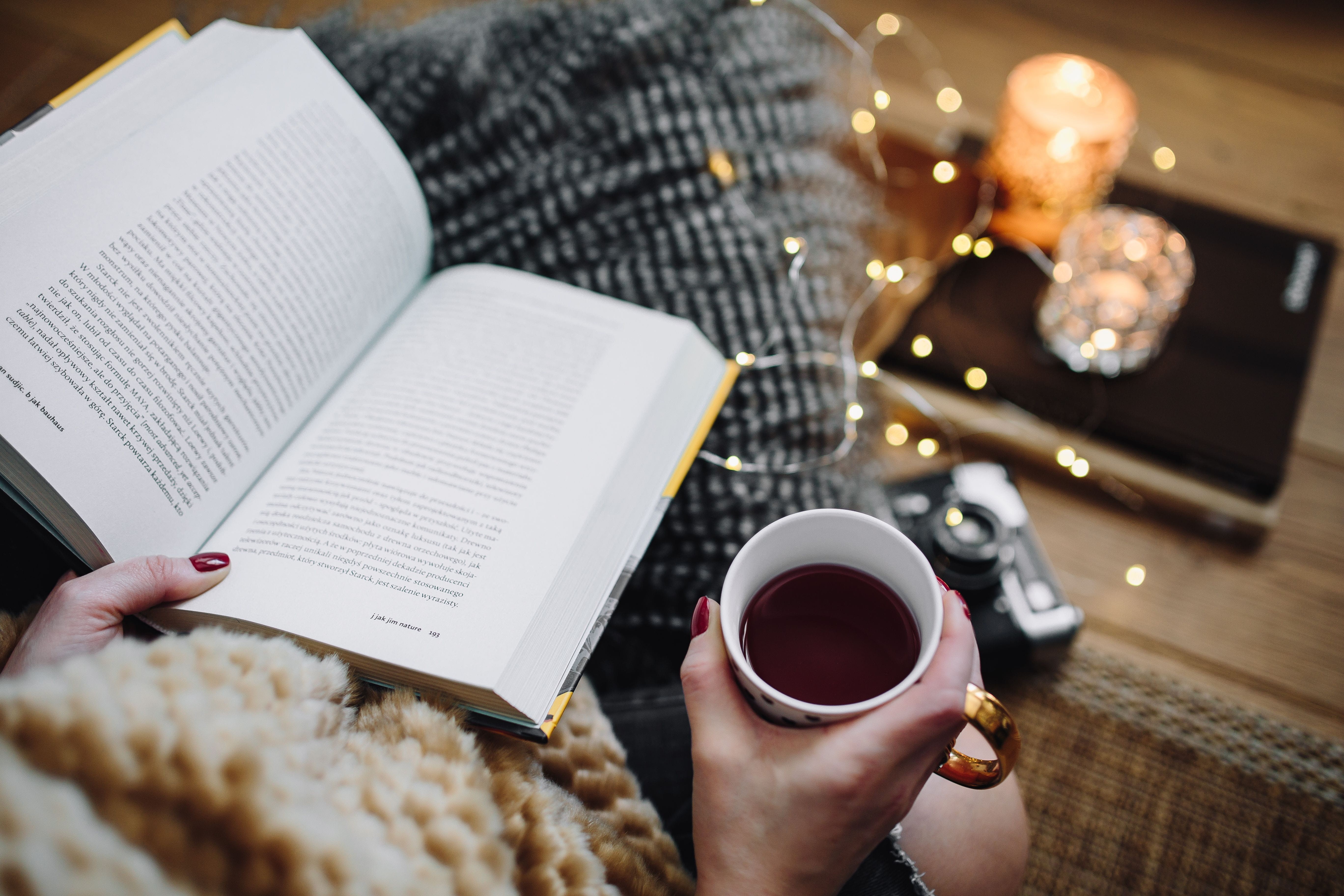 adult, human body part, food, coffee - Drink, coffee, fairy lights, adults only, pillows, 5K, food and drink, book, coffee cup, drink, reading book, publication, HD Wallpaper