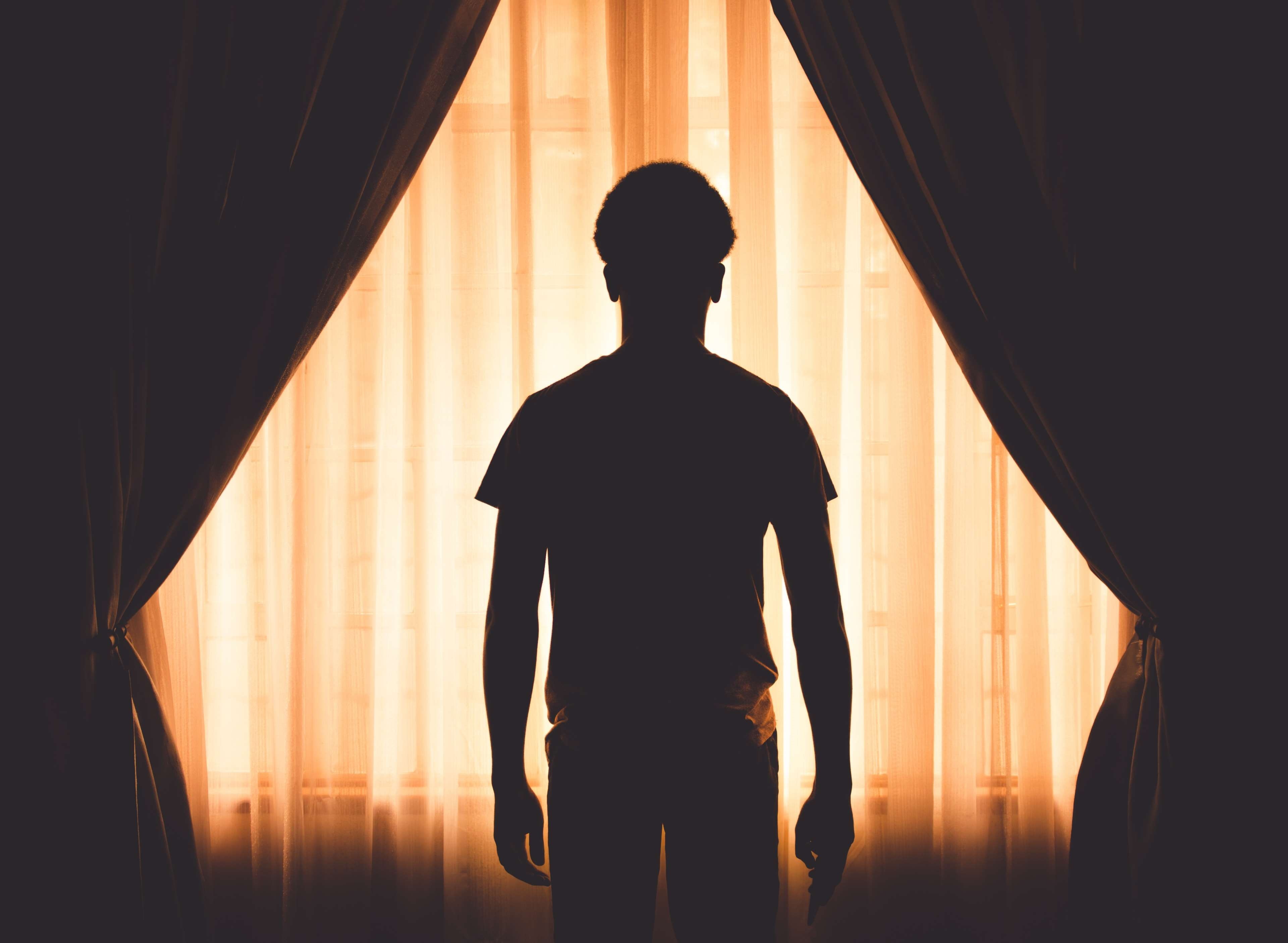 sunset, back view, light, window, leisure activity, boy, one person, three quarter length, man, 4K, real people, back lit, indoors, music, shadow, curtains, HD Wallpaper