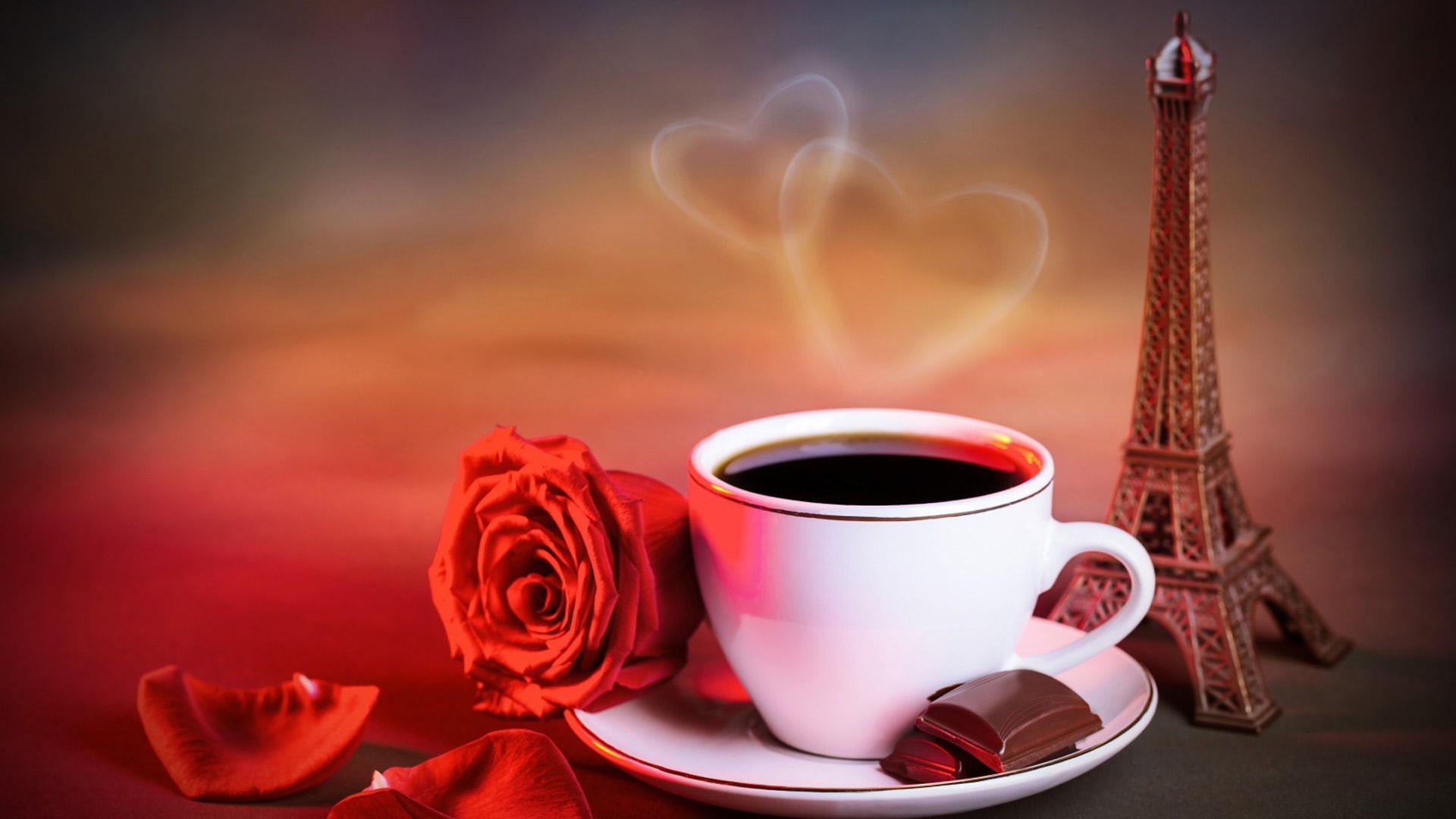 eiffel tower, rose, red, 1080P, flowers, petals, eiffel, tower, coffee, HD Wallpaper