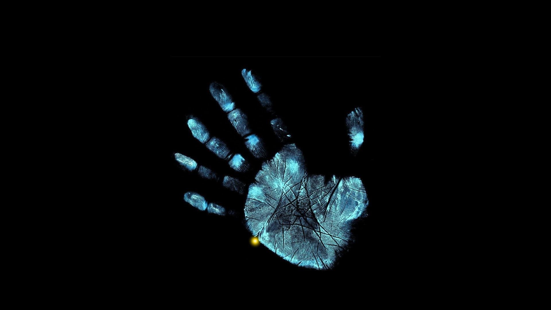 human, blue hand, yellow light, hand, 1080P, abstract, black backing, HD Wallpaper