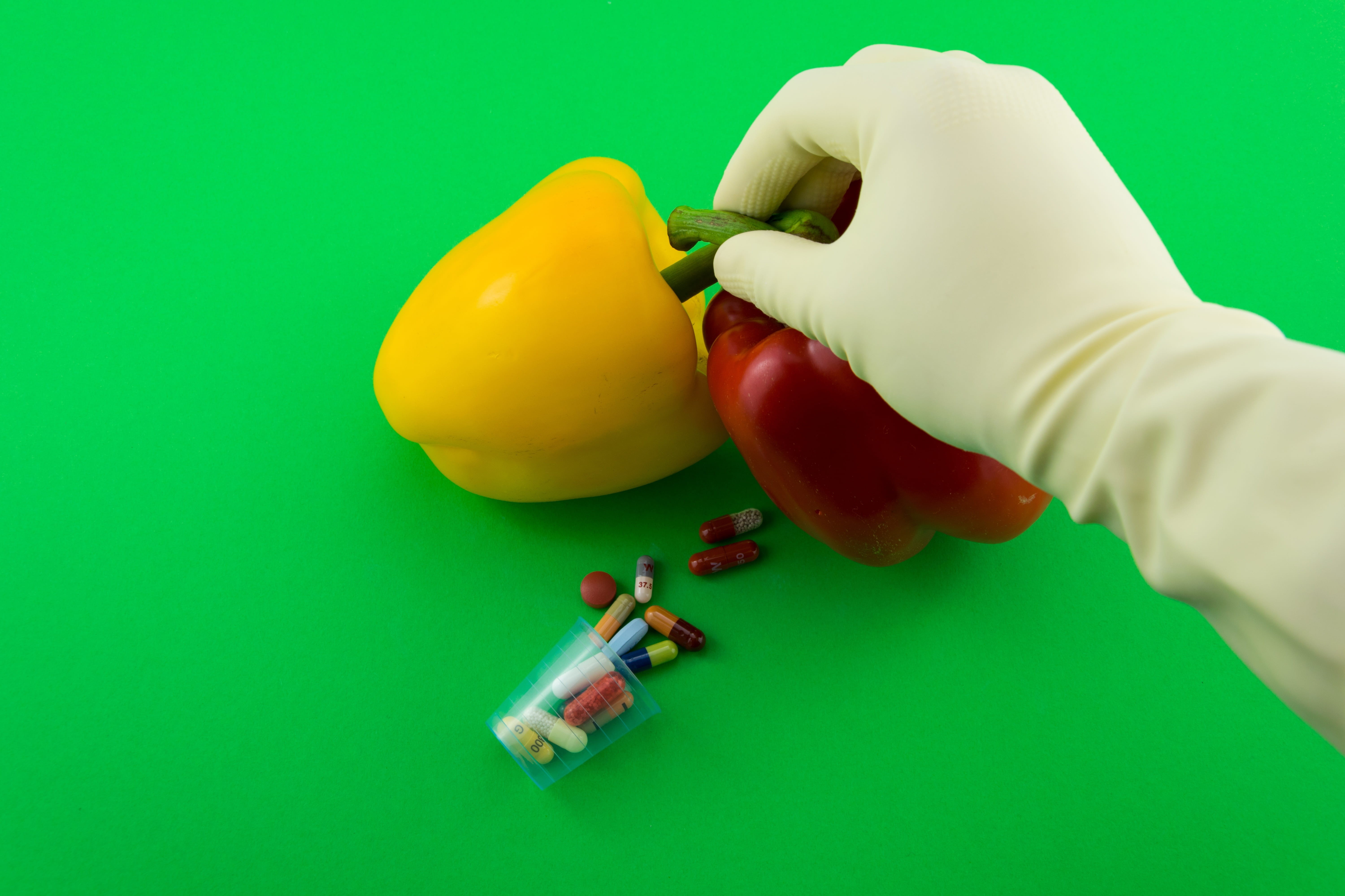 Paprika, protective workwear, hand, modified, 5K, two, chemistry, s, green background, protection, Bless You, Science, protective glove, healthcare and medicine, HD Wallpaper