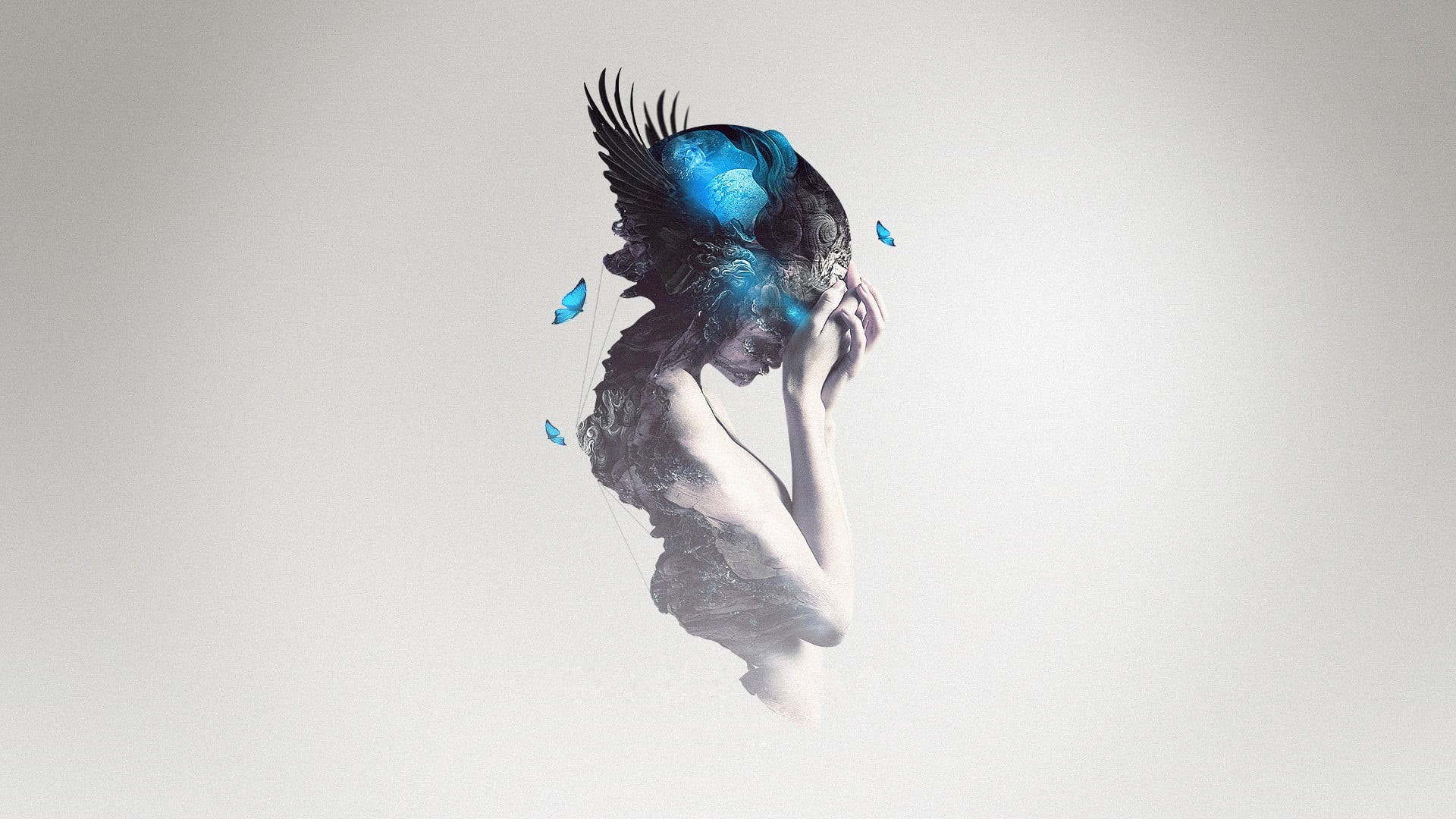 bird, 1080P, blue, woman, arms raised, multi Colored, digital composite, feather, one person, white background, fantasy girl, art, butterfly, human limb, HD Wallpaper