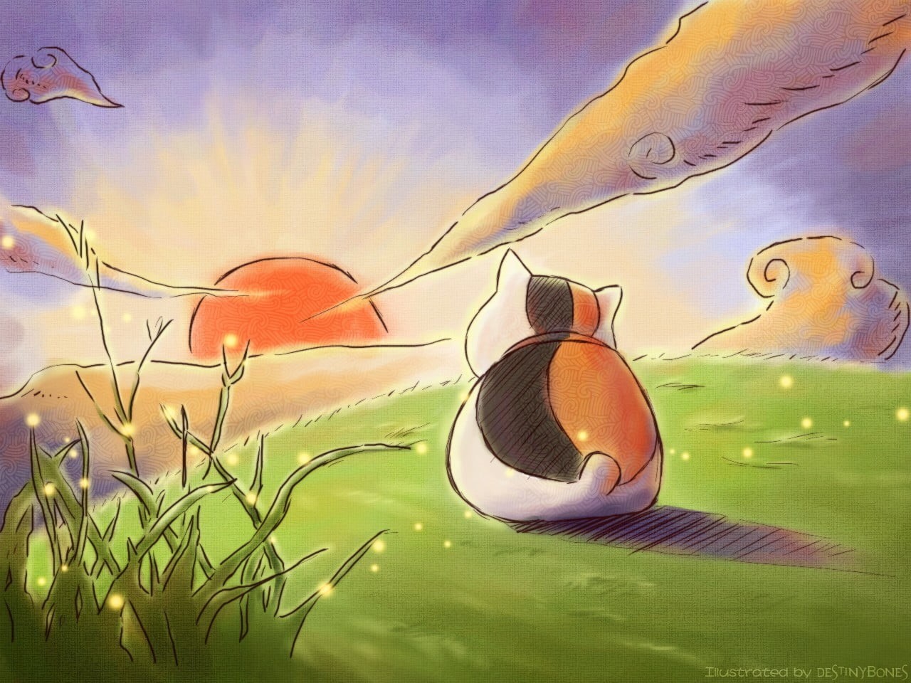 growth, Natsume Book of Friends, day, grass, sky, digital composite, orange color, leaf, water, calico, Natsume Yuujinchou, art and craft, plant, beauty in nature, HD Wallpaper