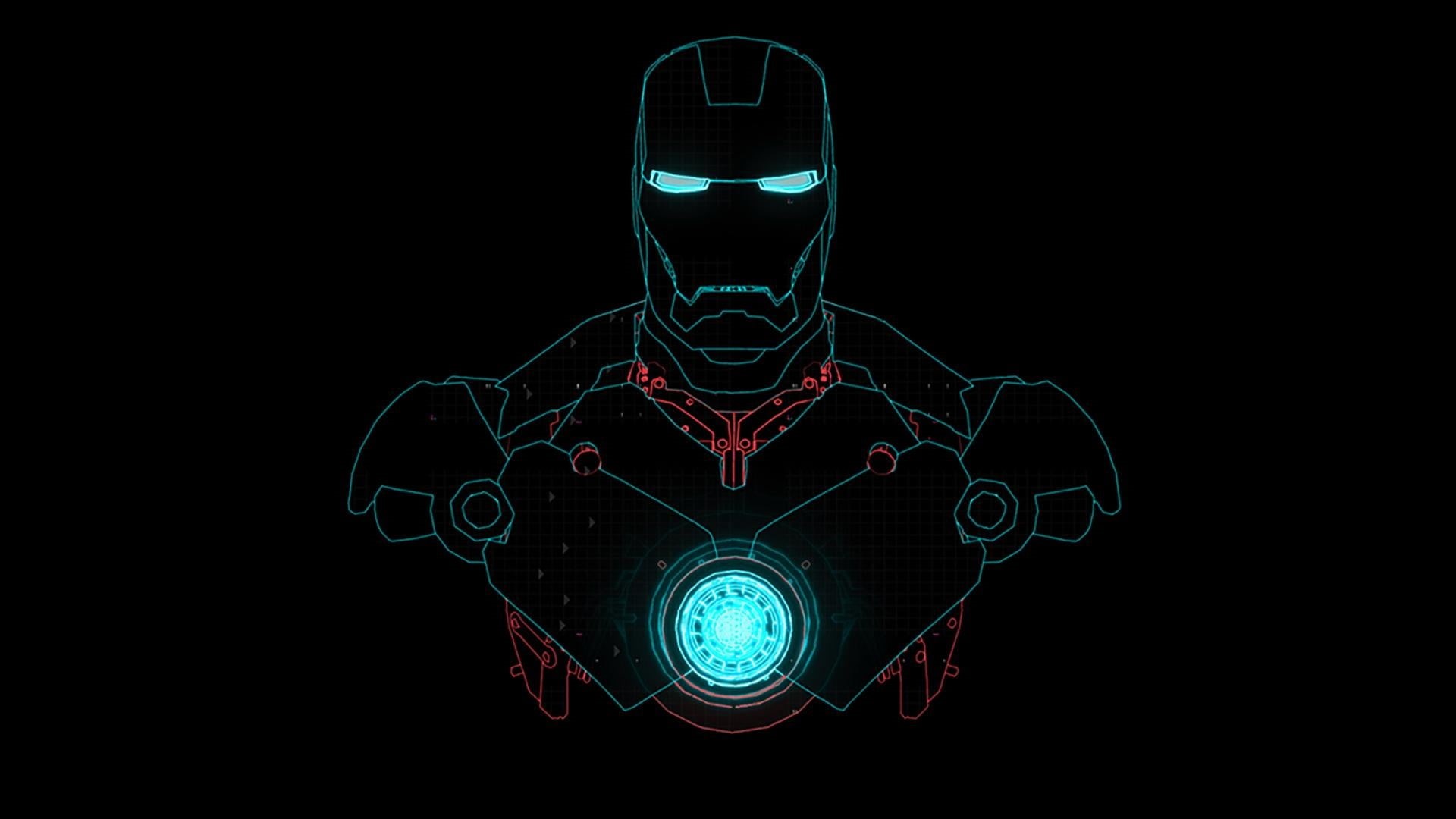 technology, science, blue, black color, mystery, black background, 1080P, glowing, front view, Iron Man, design, neon, one person, digital art, colorful, HD Wallpaper