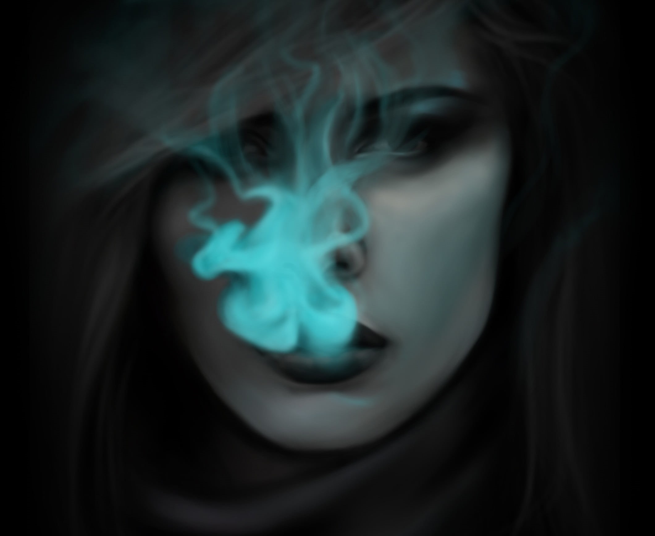 body part, women, face, smoke - physical structure, social issues, young adult, blue, smoke, human face, front view, headshot, smoking, portrait, dark, HD Wallpaper