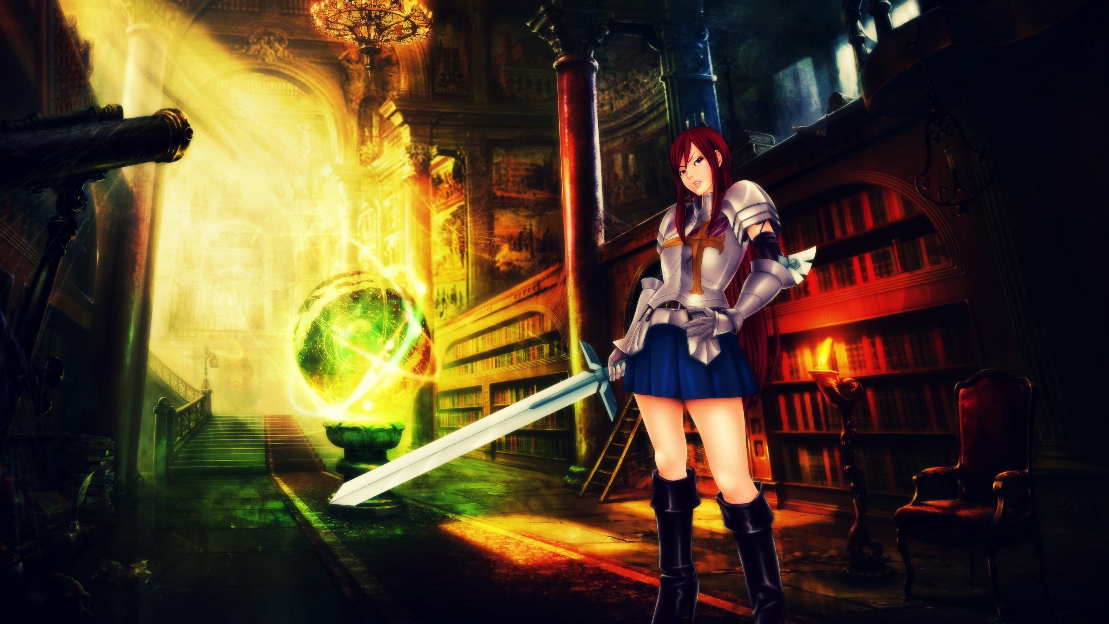young adult, fairy, erza, architecture, tail, front view, young women, night, one person, illuminated, clothing, Scarlet Erza, leisure activity, indoors, HD Wallpaper