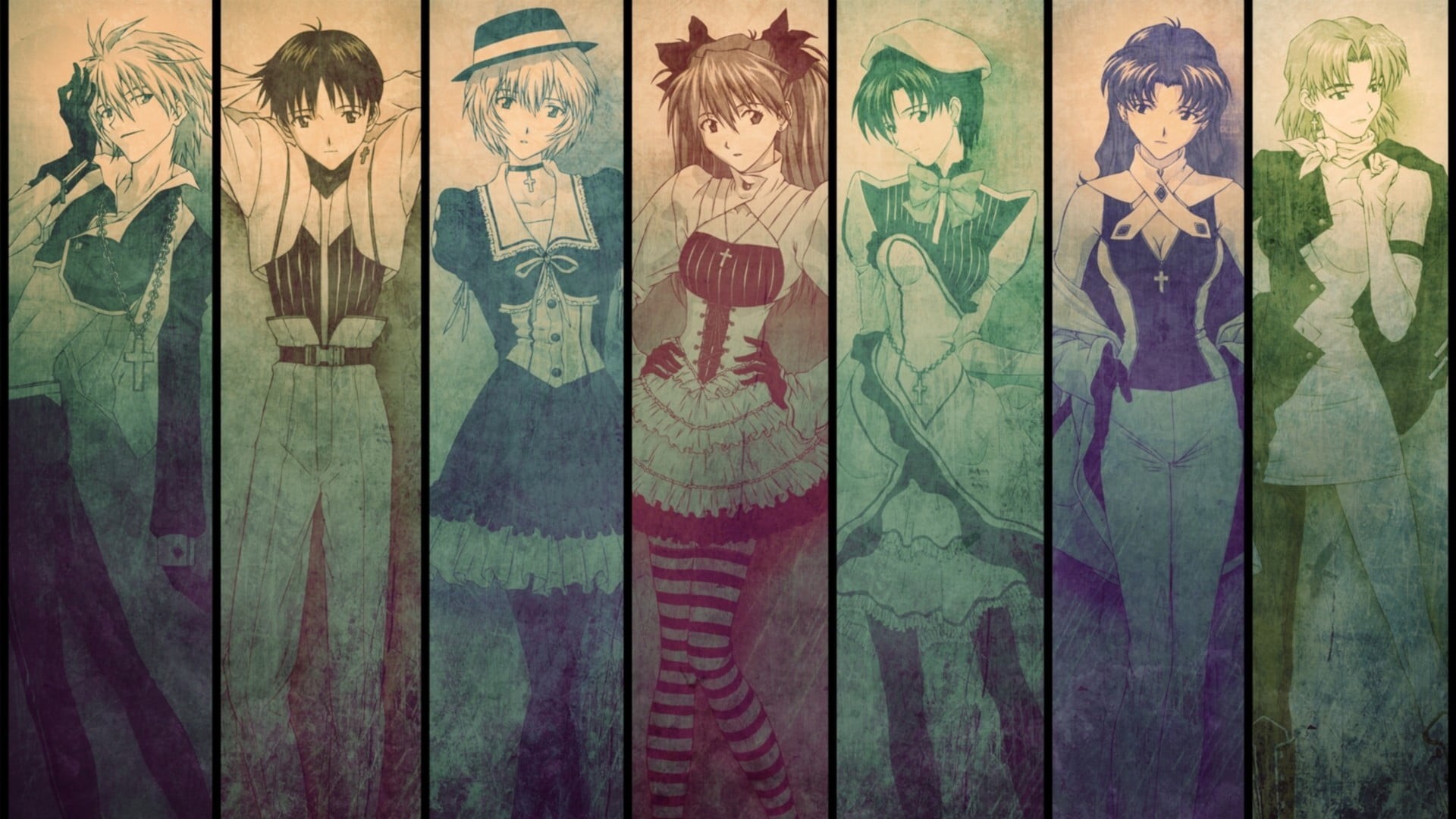 Asuka Langley Soryu, Ikari Shinji, in a row, no people, representation, backgrounds, 1080P, close-up, pattern, male likeness, Ayanami Rei, full frame, HD Wallpaper