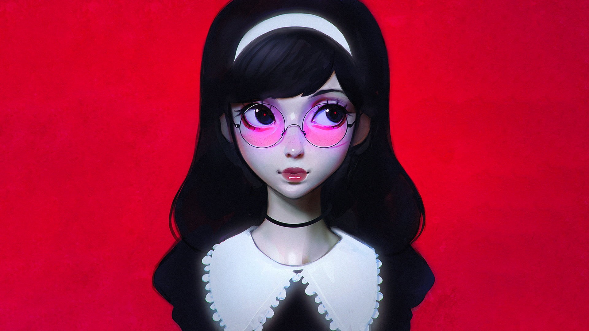 portrait, 1080P, Ilya Kuvshinov, young adult, black color, headband, women, hairstyle, dark hair, looking at camera, mask - disguise, halloween, make-up, HD Wallpaper