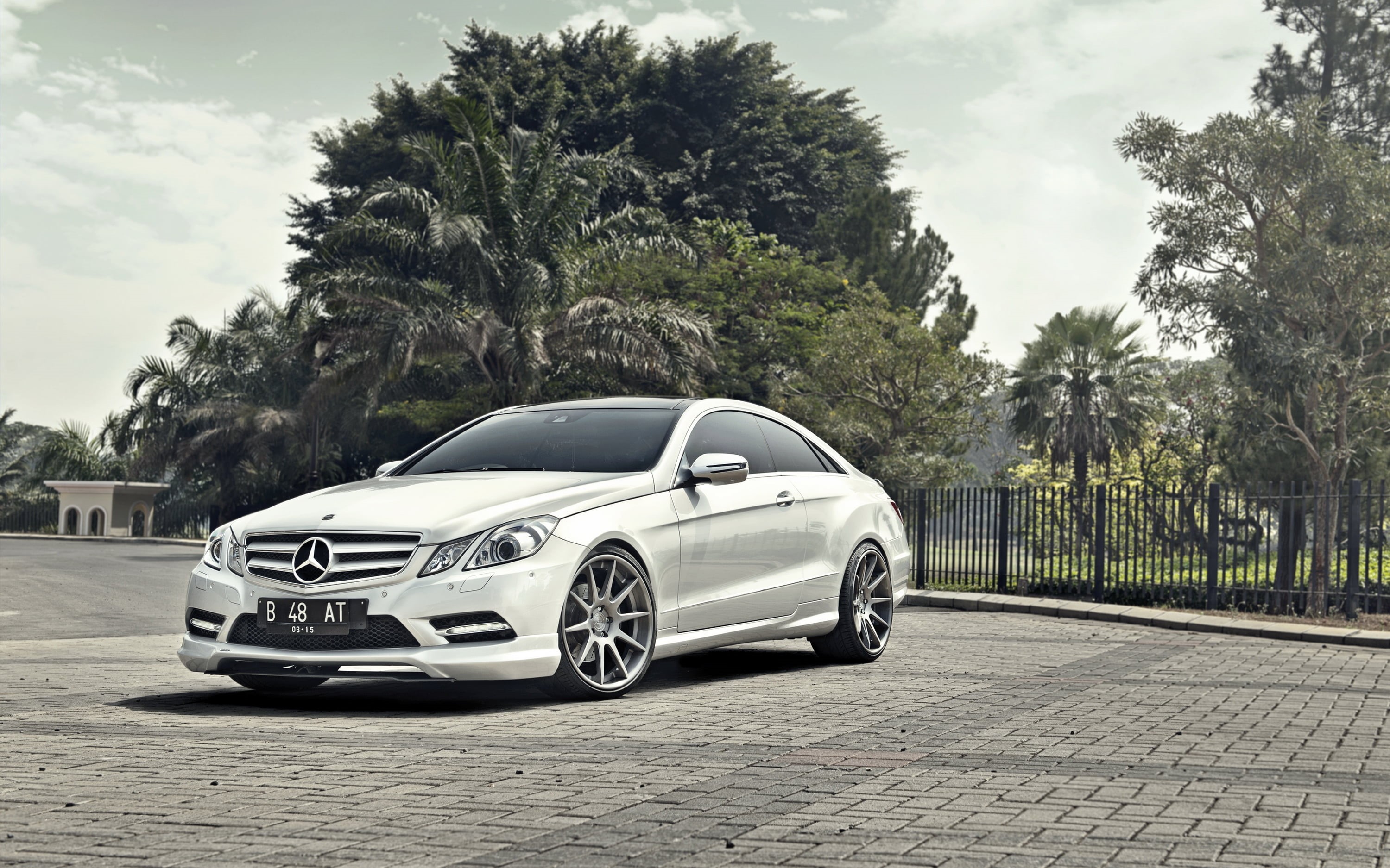 travel, tree, car, day, auto, cloud - sky, Mercedes-Benz E-Class Coupe, growth, Mercedes, tropical climate, motor vehicle, plant, transportation, 2K, white, HD Wallpaper