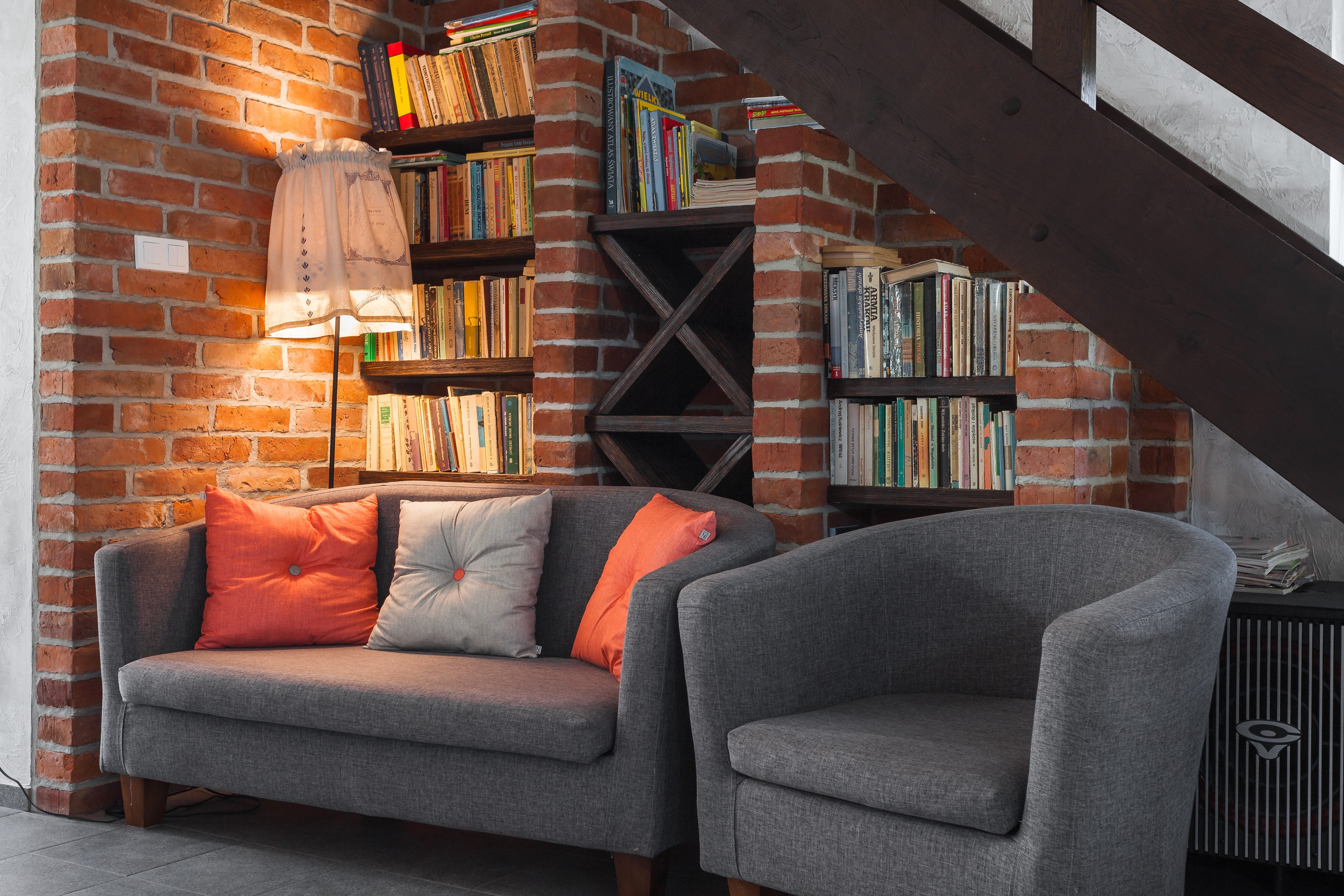 light, modern, interior design, home showcase interior, shelf, home interior, home, contemporary, design, books, brick, 5K, domestic room, indoors, electric lamp, HD Wallpaper