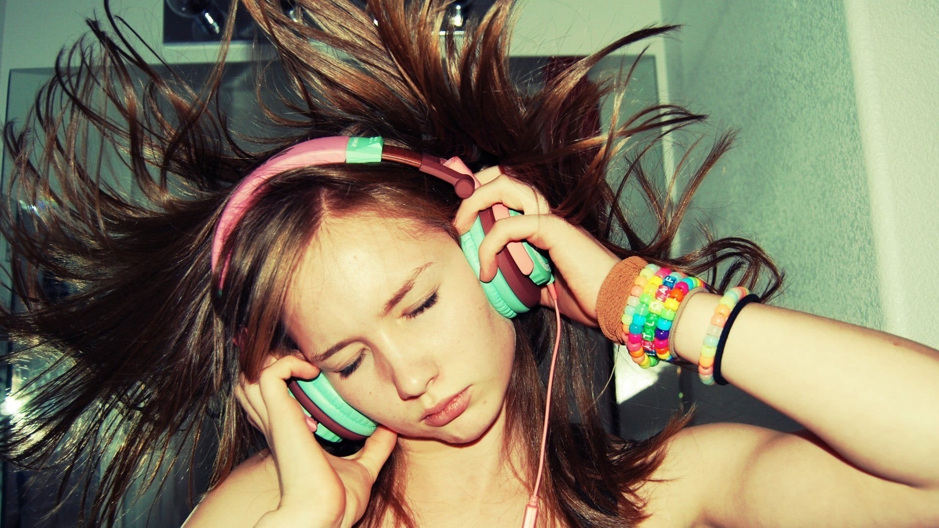 hair, headphones, pink, headshot, beautiful woman, real people, corded, one person, human hair, music, hand, young adult, long hair, brown hair, young women, HD Wallpaper