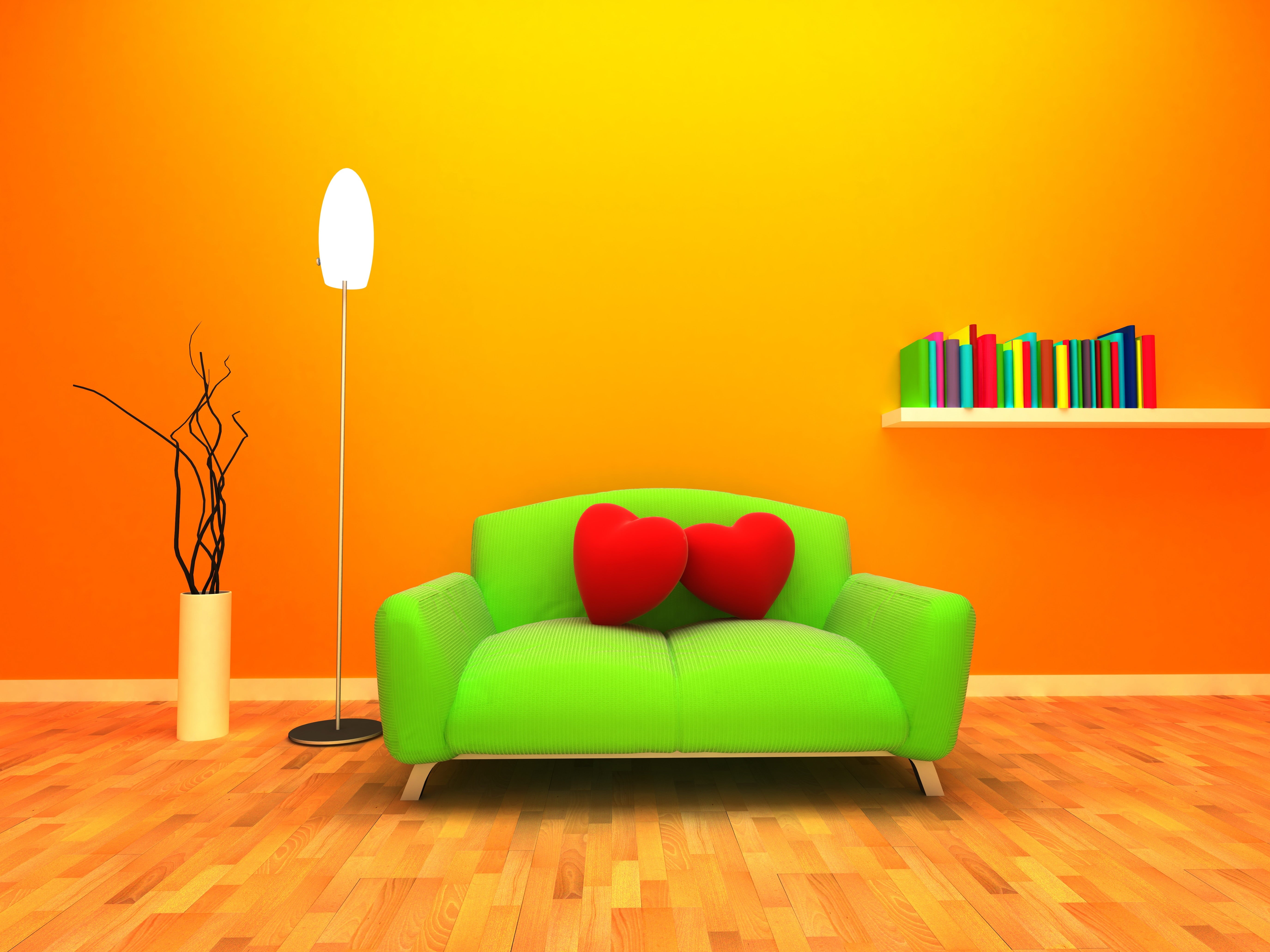 living Room, decoration, orange background, indoors, design, three dimensional, lifestyles, red, no People, multi Colored, yellow, home Interior, green color, HD Wallpaper