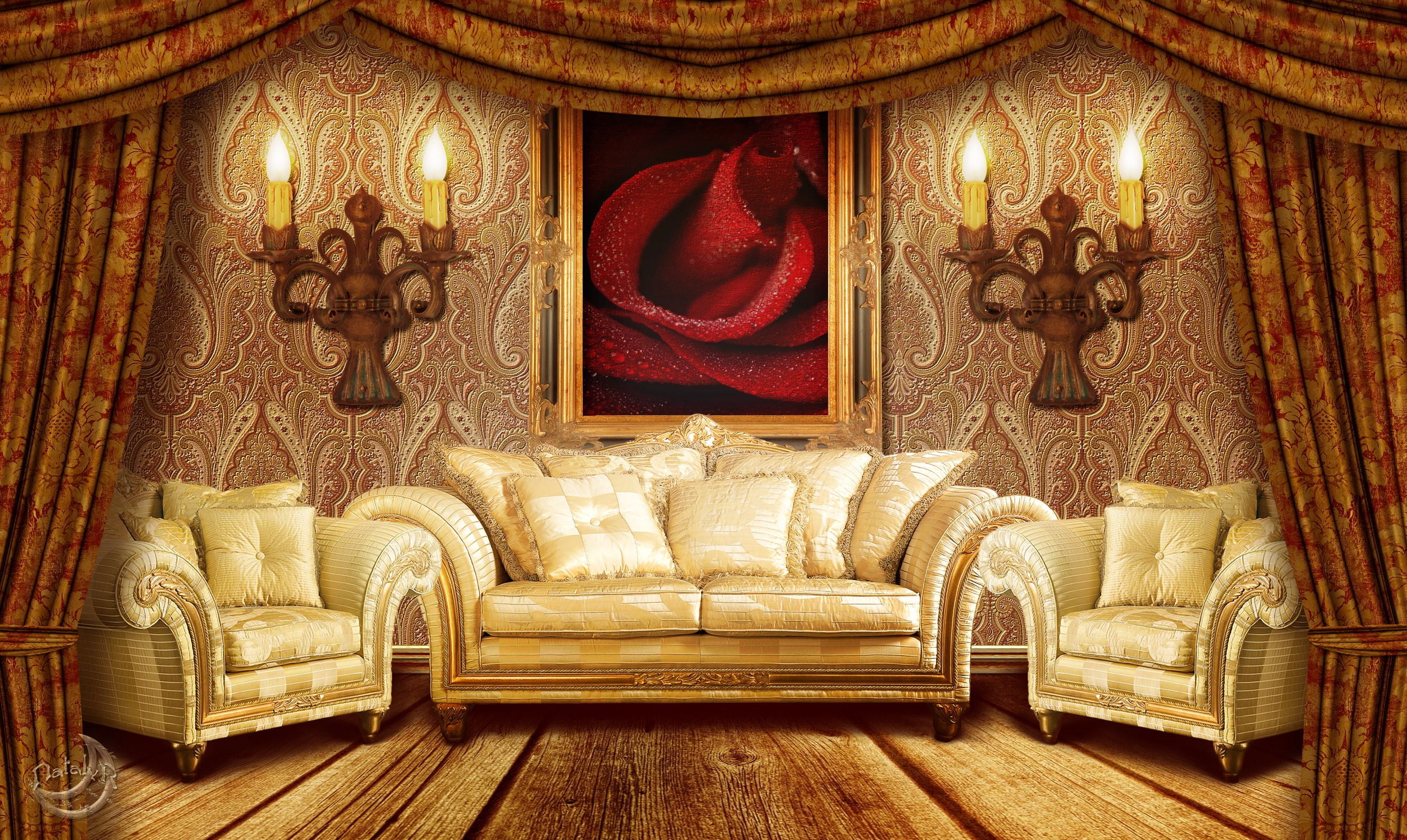 white, sofa, art, interter, 2K, candles, illustration, curtain, chair, picture, set, seat, chandeliers, rose, room, pillow, HD Wallpaper