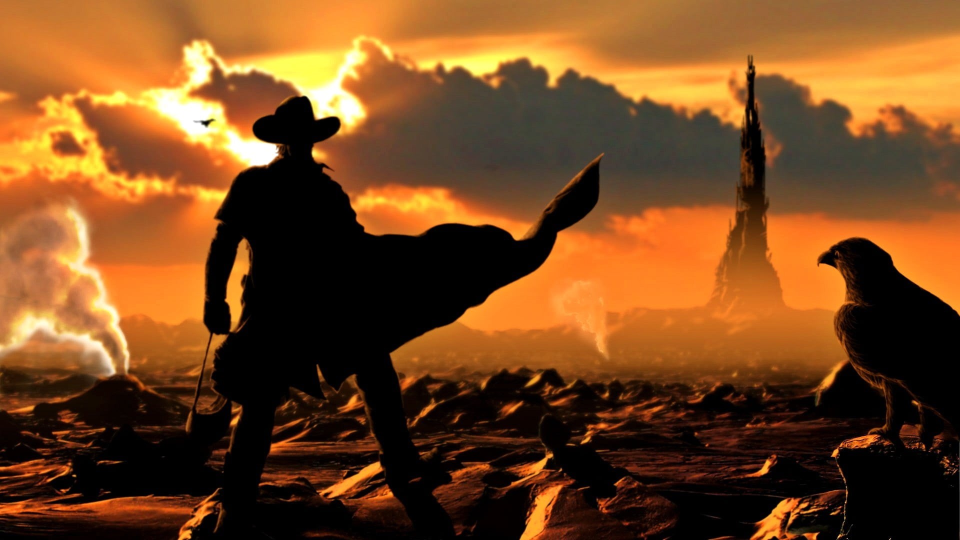 animal wildlife, fantasy art, 1080P, nature, livestock, animal themes, Stephen King, domestic animals, rock, standing, sunset, animals in the wild, HD Wallpaper