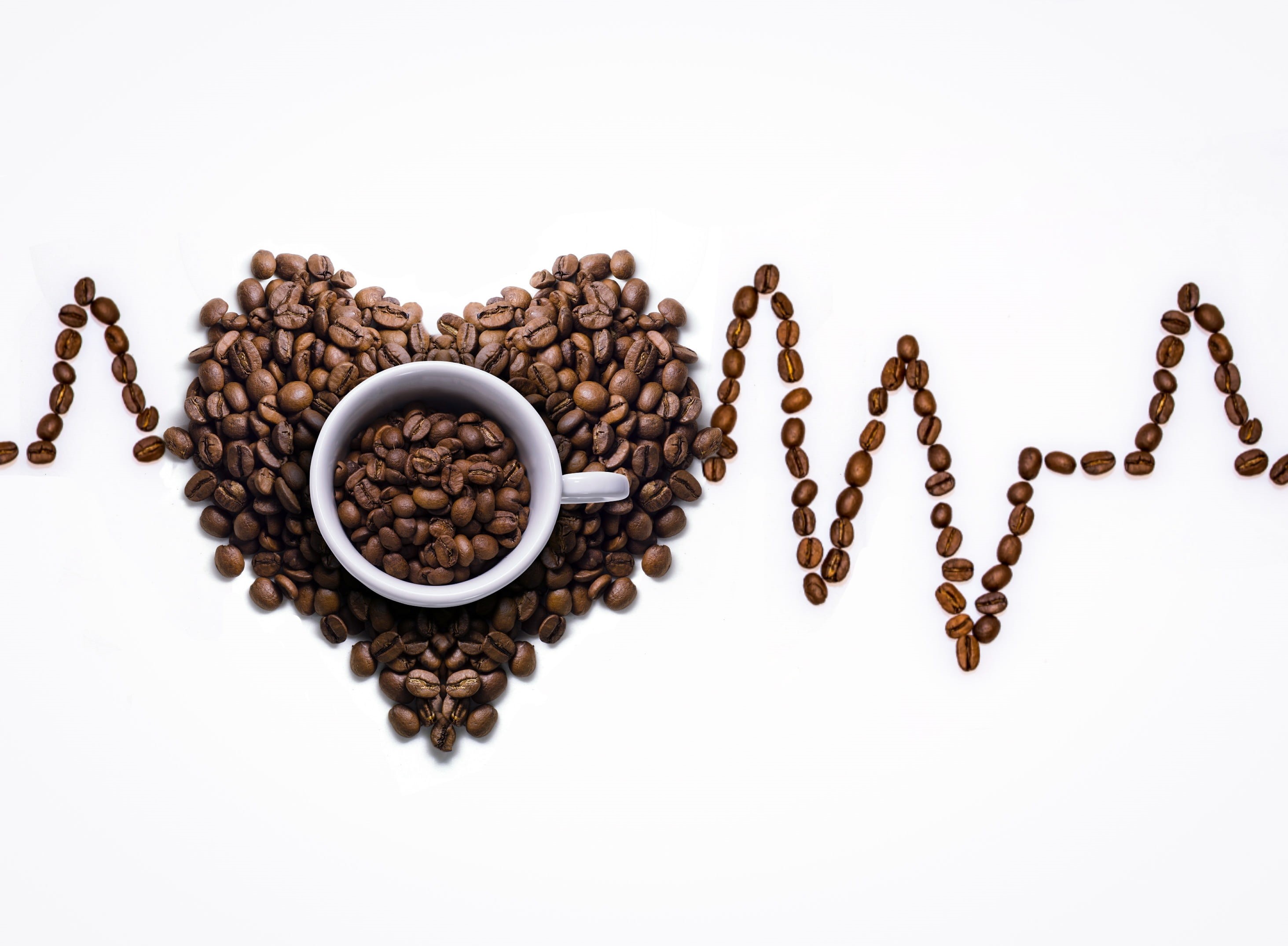 organic, heart, nutritious, directly above, ecg curves, beans, high angle view, studio shot, indoors, white background, circulation stimulate, roasted coffee bean, HD Wallpaper