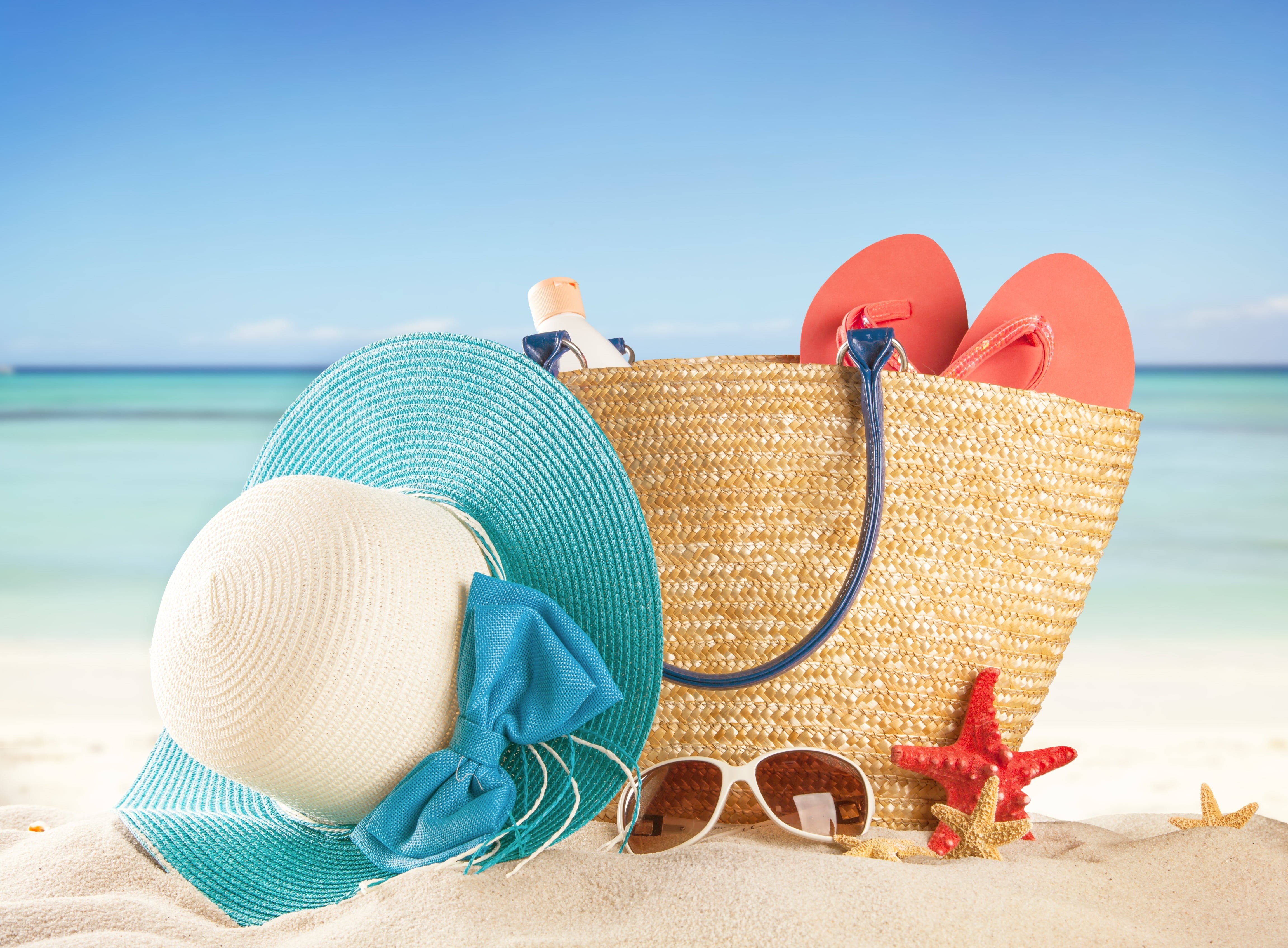 sun Hat, vacations, the sun, lifestyles, slates, coastline, nature, relaxation, leisure Activity, brown, trip, sea, suntan Lotion, teal, sunlight, tan, HD Wallpaper