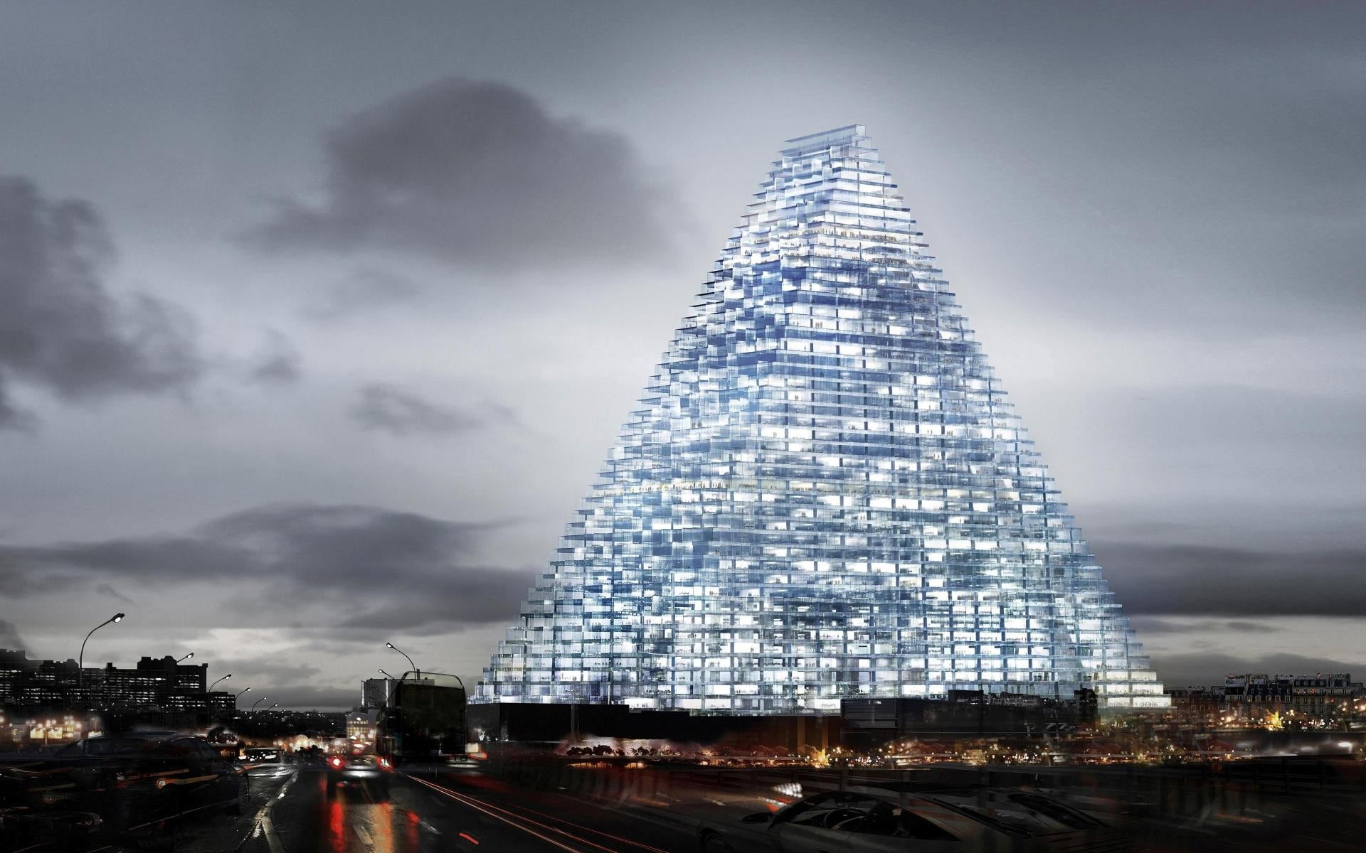 shape, cloud - sky, dusk, city, no people, storm, skyscraper, architecture, sky, office building exterior, tower, built structure, building, Paris, triangular, HD Wallpaper