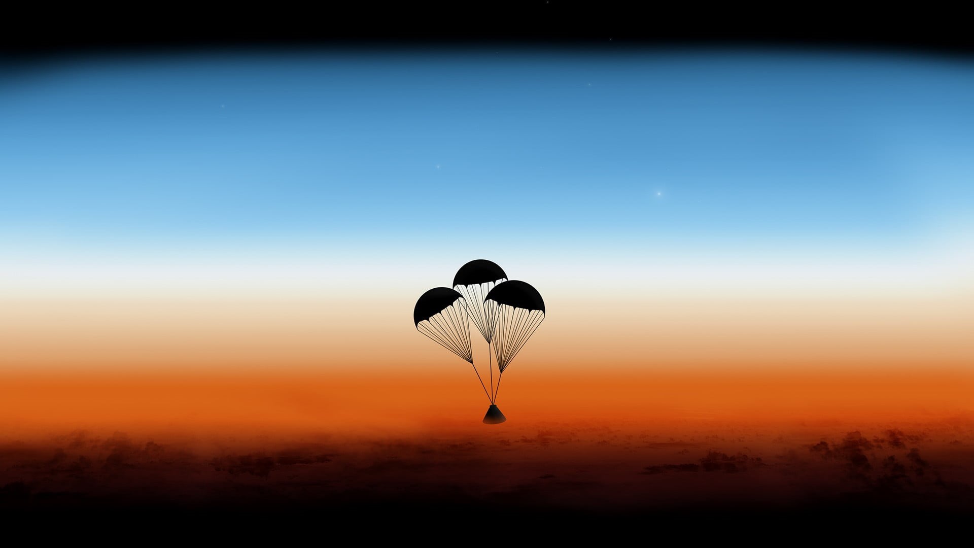 three, silhouette, no people, hot air balloon, landscape, copy space, transportation, tranquil scene, triangular, clear sky, air vehicle, daytime, sunset, HD Wallpaper