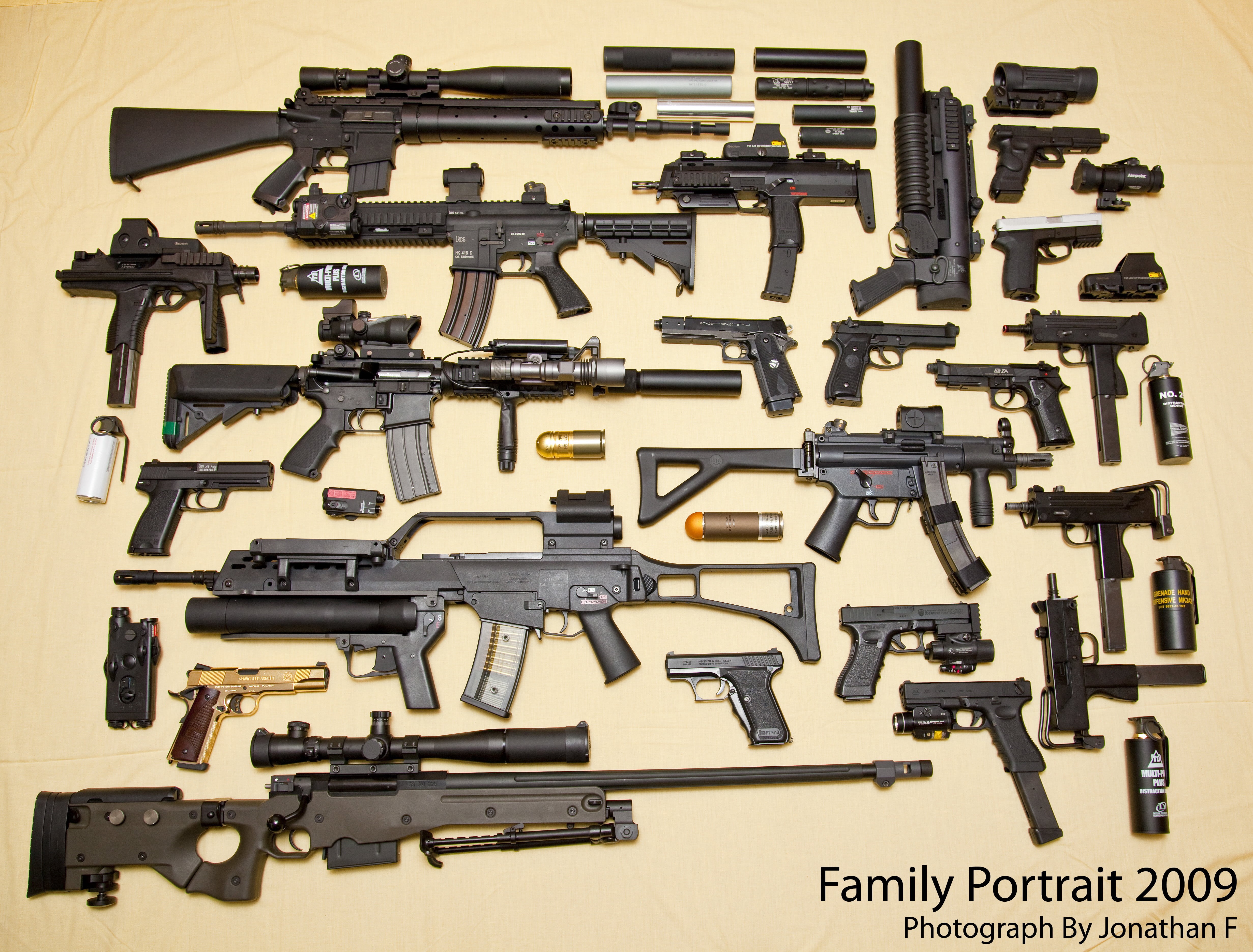 military, handgun, G36, collection, abundance, lot, close-up, no people, design, the gun, M-92, awp, 4K, indoors, army, table, stack, large group of objects, HD Wallpaper