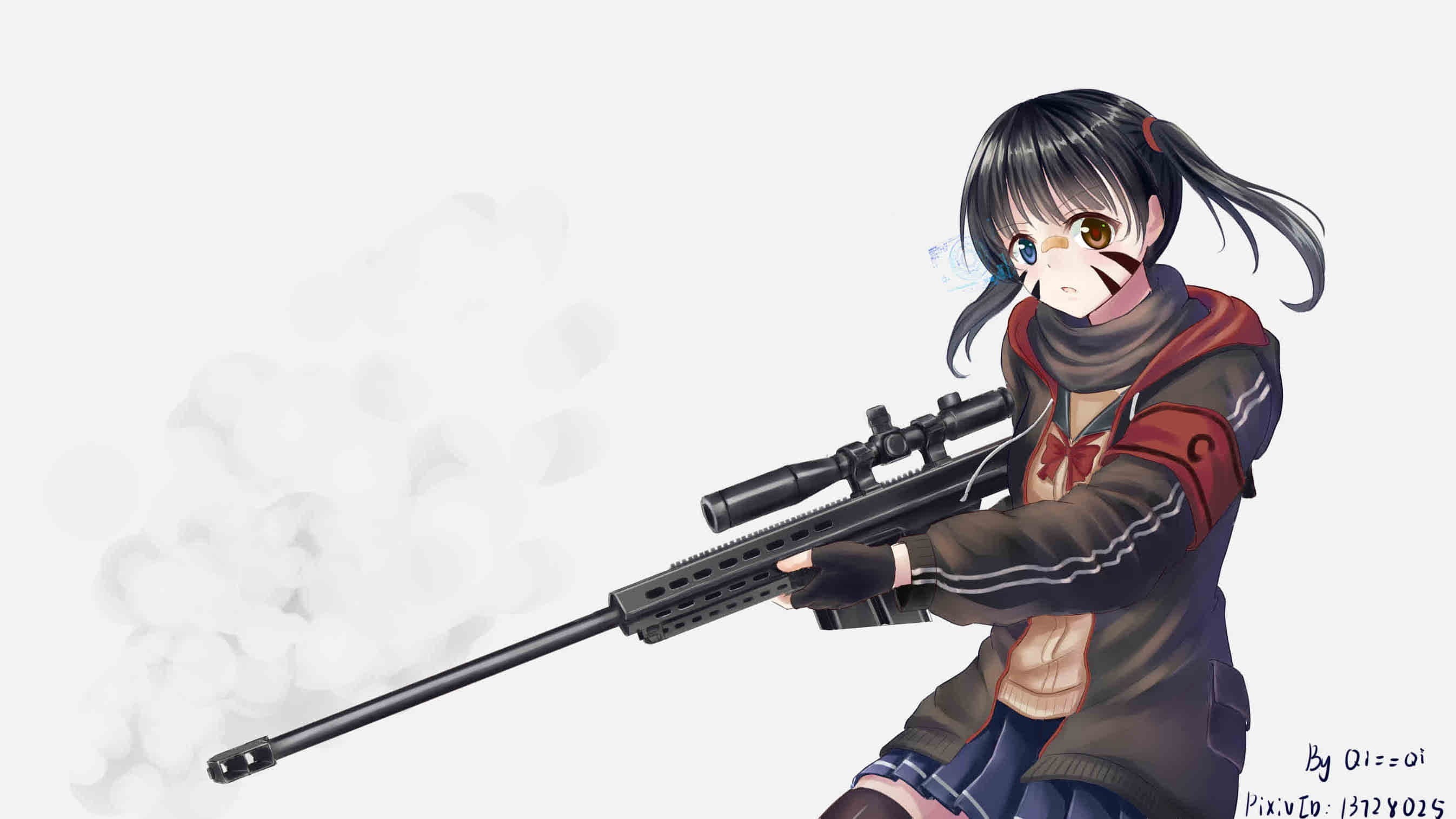 studio shot, anime girls, three quarter length, aiming, hairstyle, black hair, stockings, gun, young adult, clothing, weapon, rifle, short hair, standing, HD Wallpaper