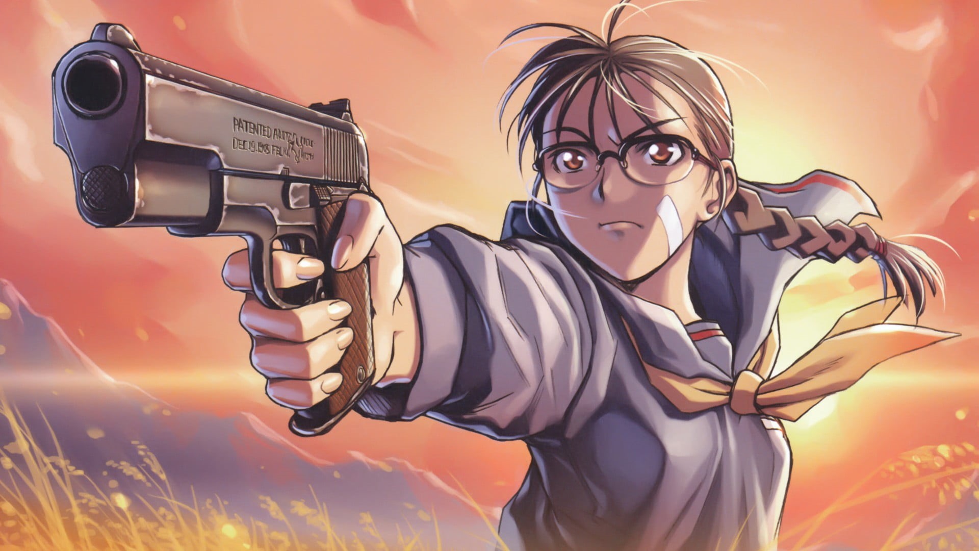 holding, anime girls, Black Lagoon, 1080P, weapon, eyeglasses, target shooting, aiming, sign, security, emotion, brunette, handgun, warning sign, protection, HD Wallpaper