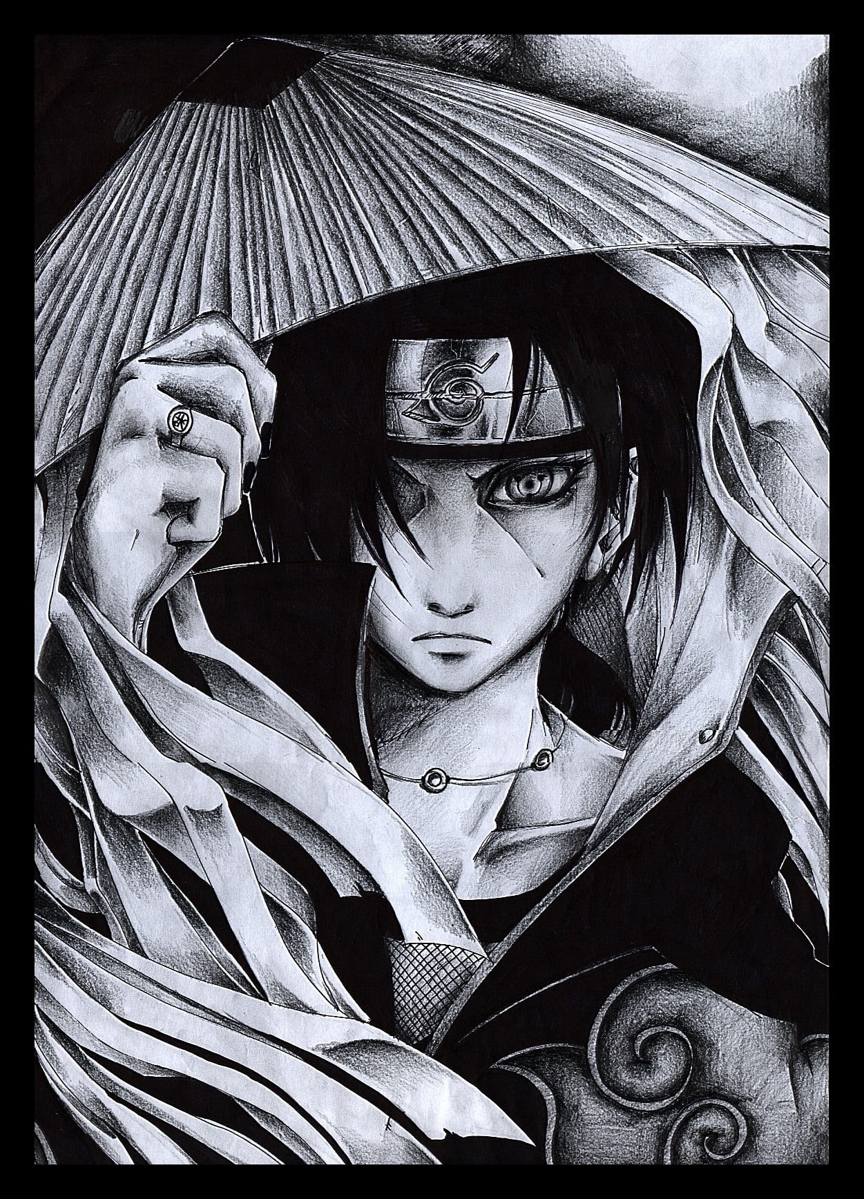 close-up, young adult, transfer print, drawing, women, looking at camera, young women, front view, headshot, indoors, Akatsuki, 720P, Uchiha Itachi, clothing, Phone HD Wallpaper