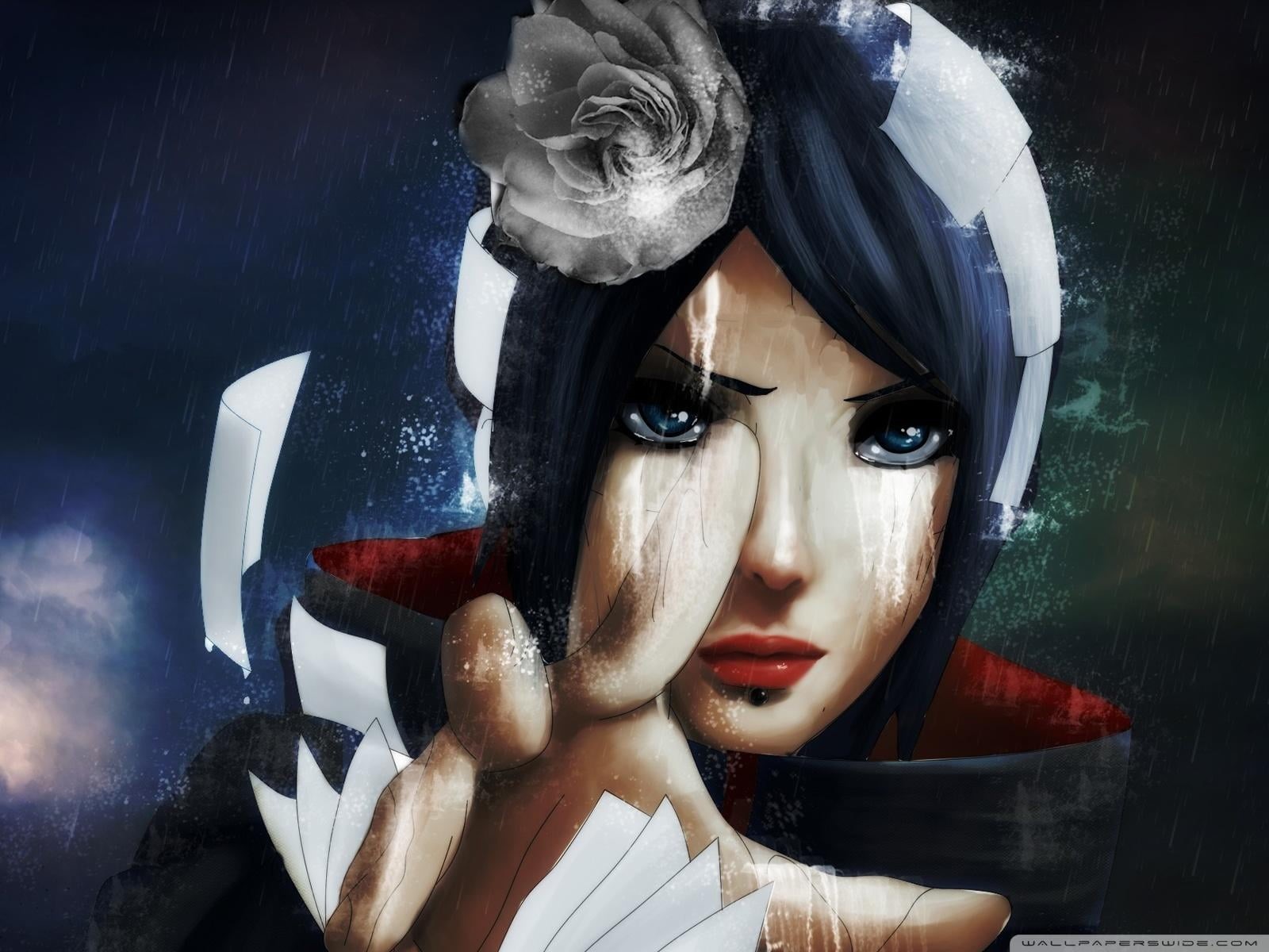 s, human representation, fashion, digital composite, adult, black, women, front view, anime, headshot, Konan (Naruto), creativity, white, close-up, female likeness, HD Wallpaper
