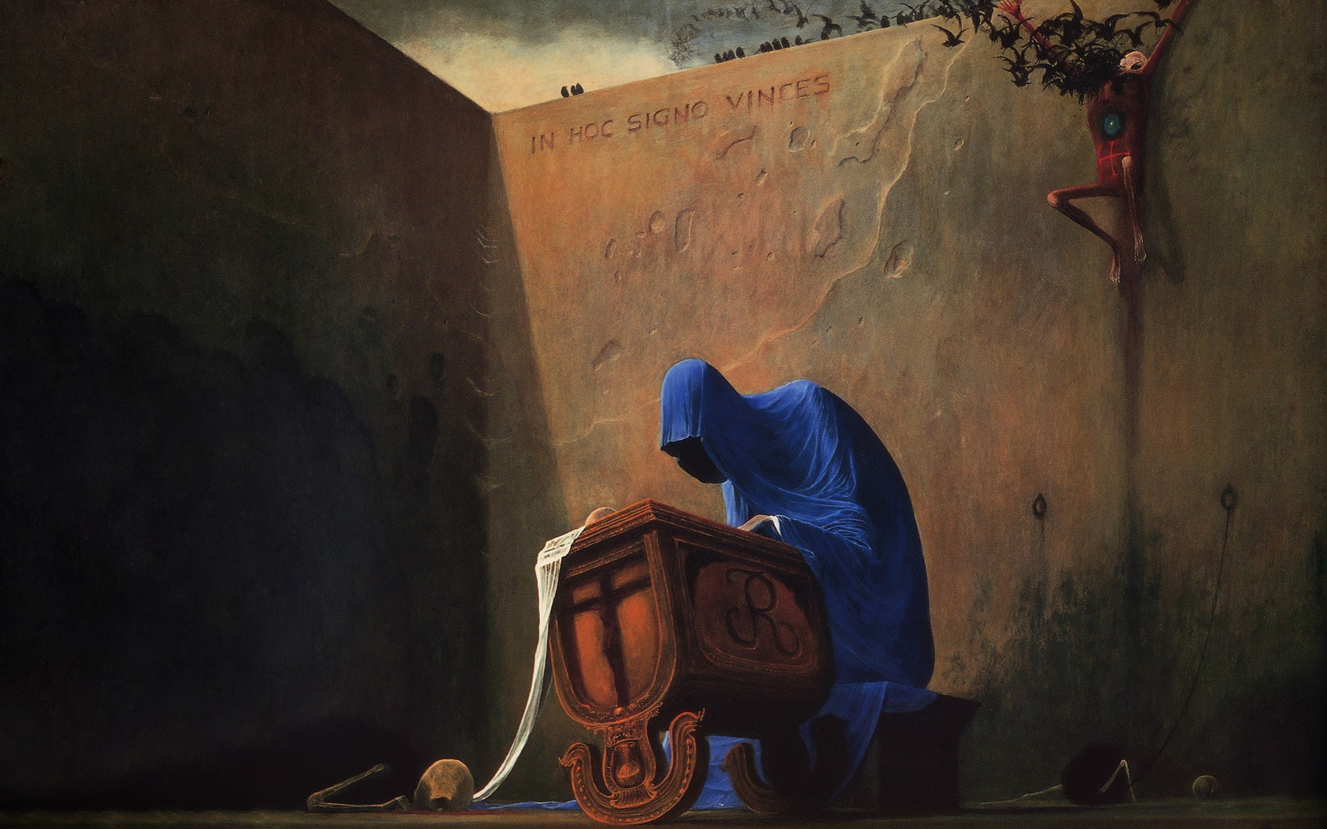 1080P, wall, Sawan, skeletons, Zdzislaw Beksiński, memento mori, black crows, the cradle, the crucifixion, scavengers, death, HD Wallpaper