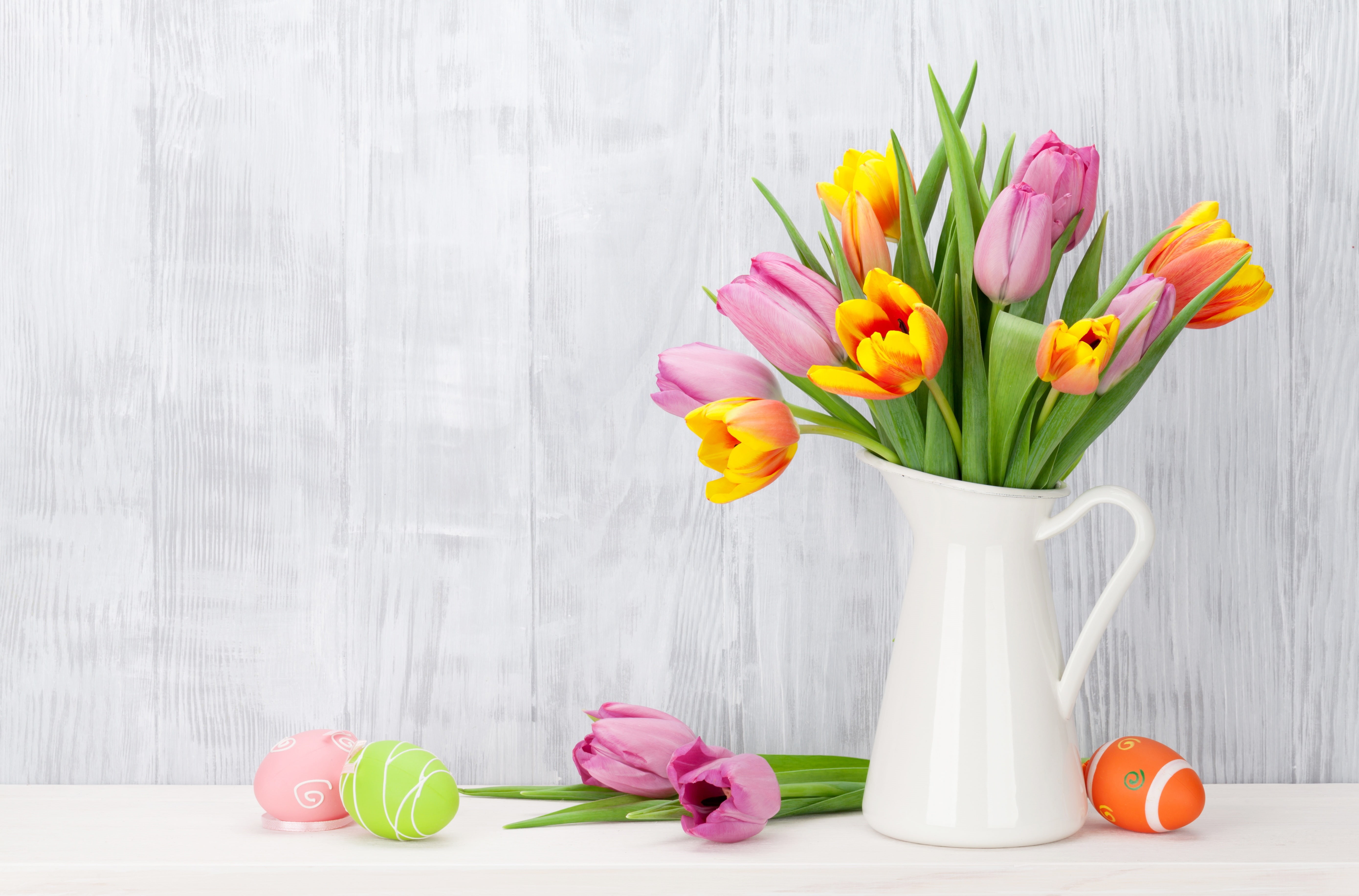 pink, 5K, decoration, eggs, the painted eggs, pink tulips, happy, tulips, flowers, spring, Easter, HD Wallpaper