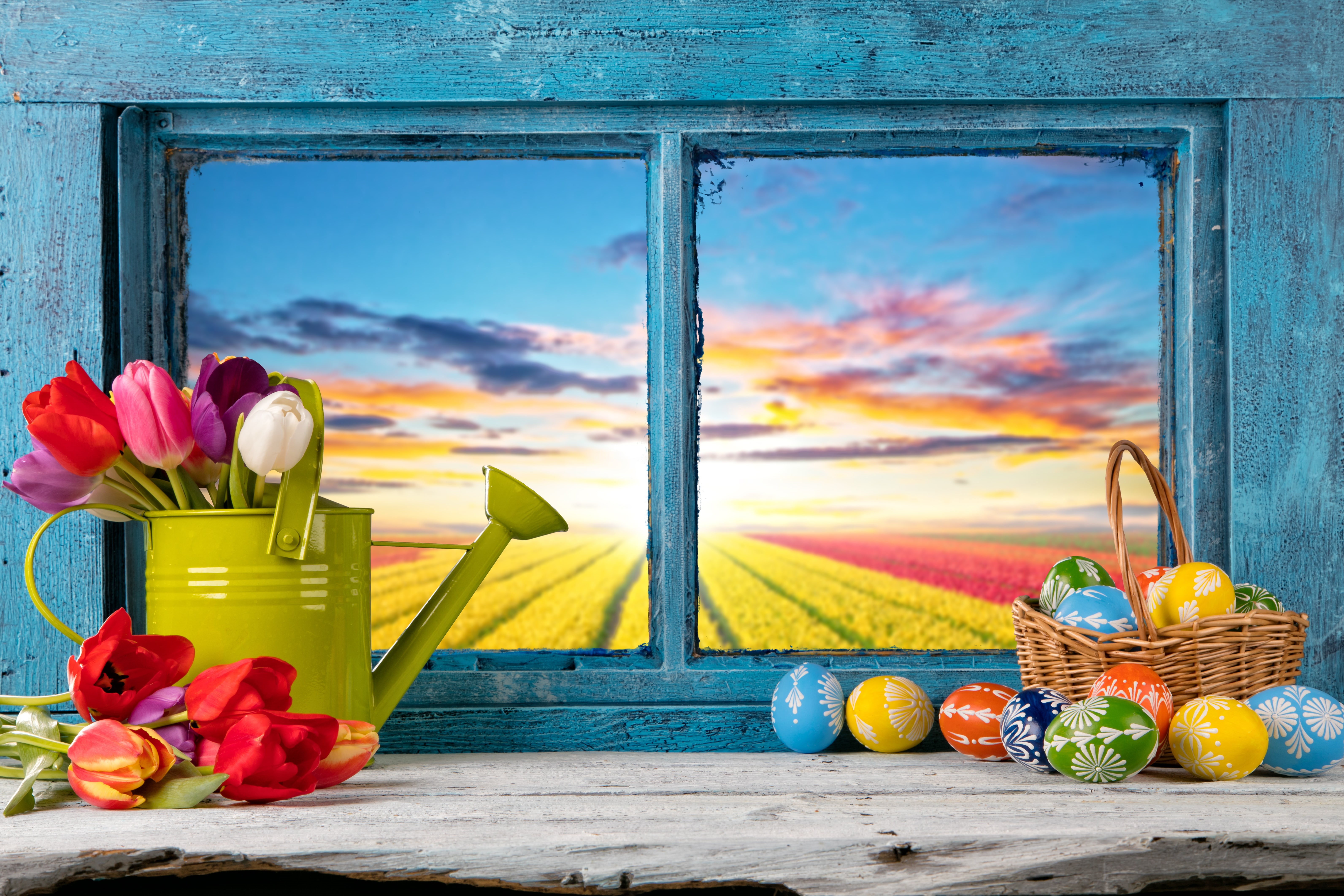 flowers, window, 5K, Happy, decoration, tulips, Easter, eggs, spring, HD Wallpaper