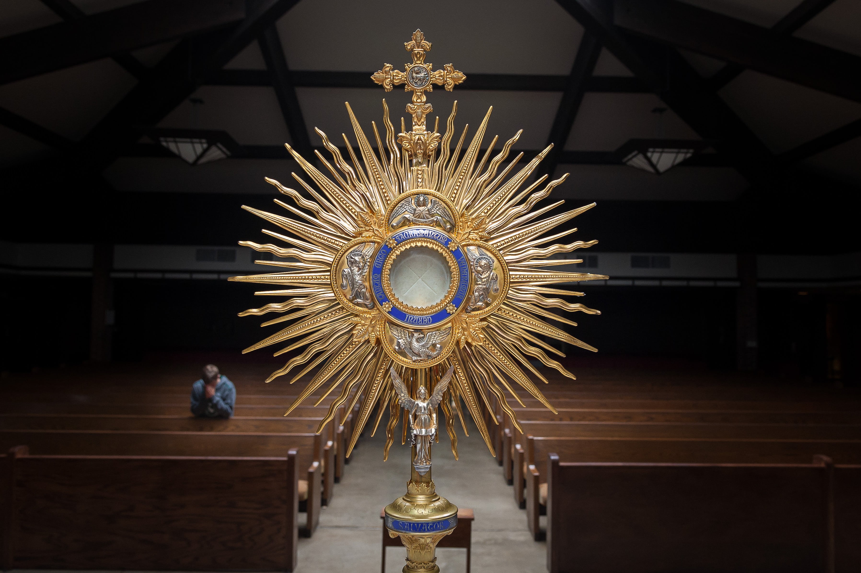 gold colored, day, no people, wood - material, decoration, man, cross, built structure, gold, art and craft, blue, crucifix, catholic, people, religion, HD Wallpaper