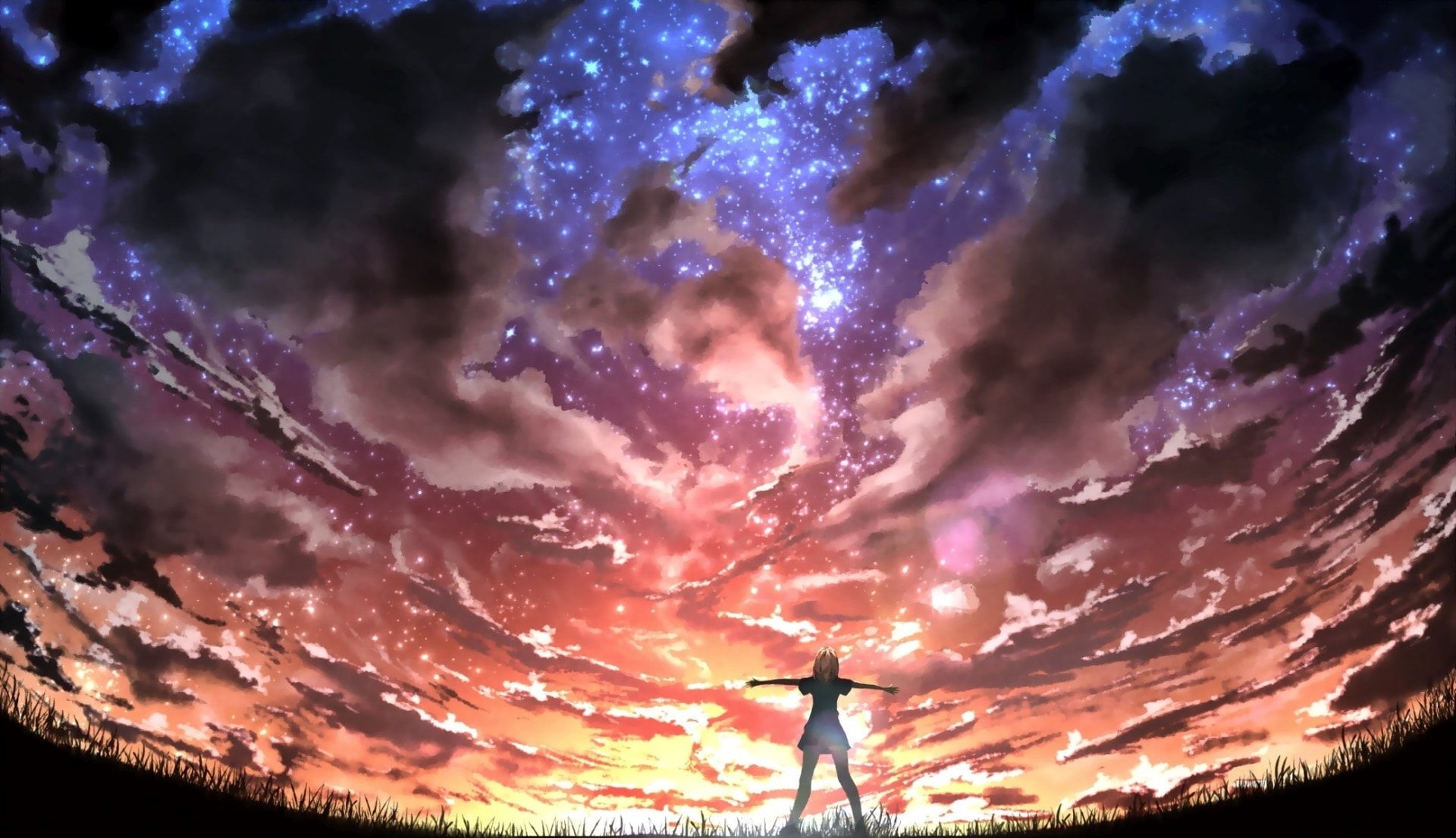 person, night, Kaori Miyazono, back Lit, grass, outdoors, blue, scenics - nature, nature, people, silhouette, sky, galaxy, religion, arms raised, HD Wallpaper