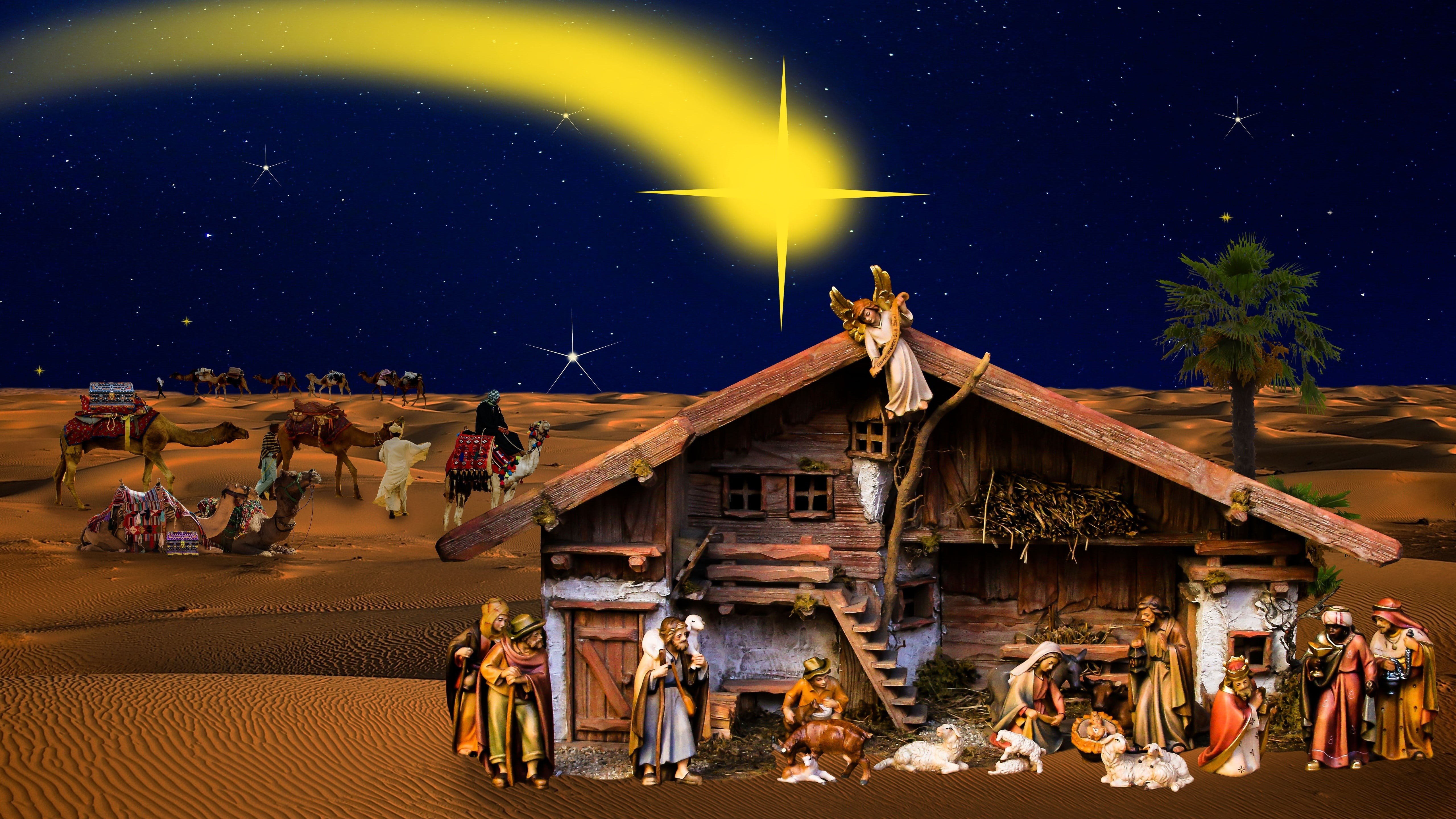 christian, night, nativity scene, 5K, christianity, christmas, jesus, christmas night, star, manger, HD Wallpaper