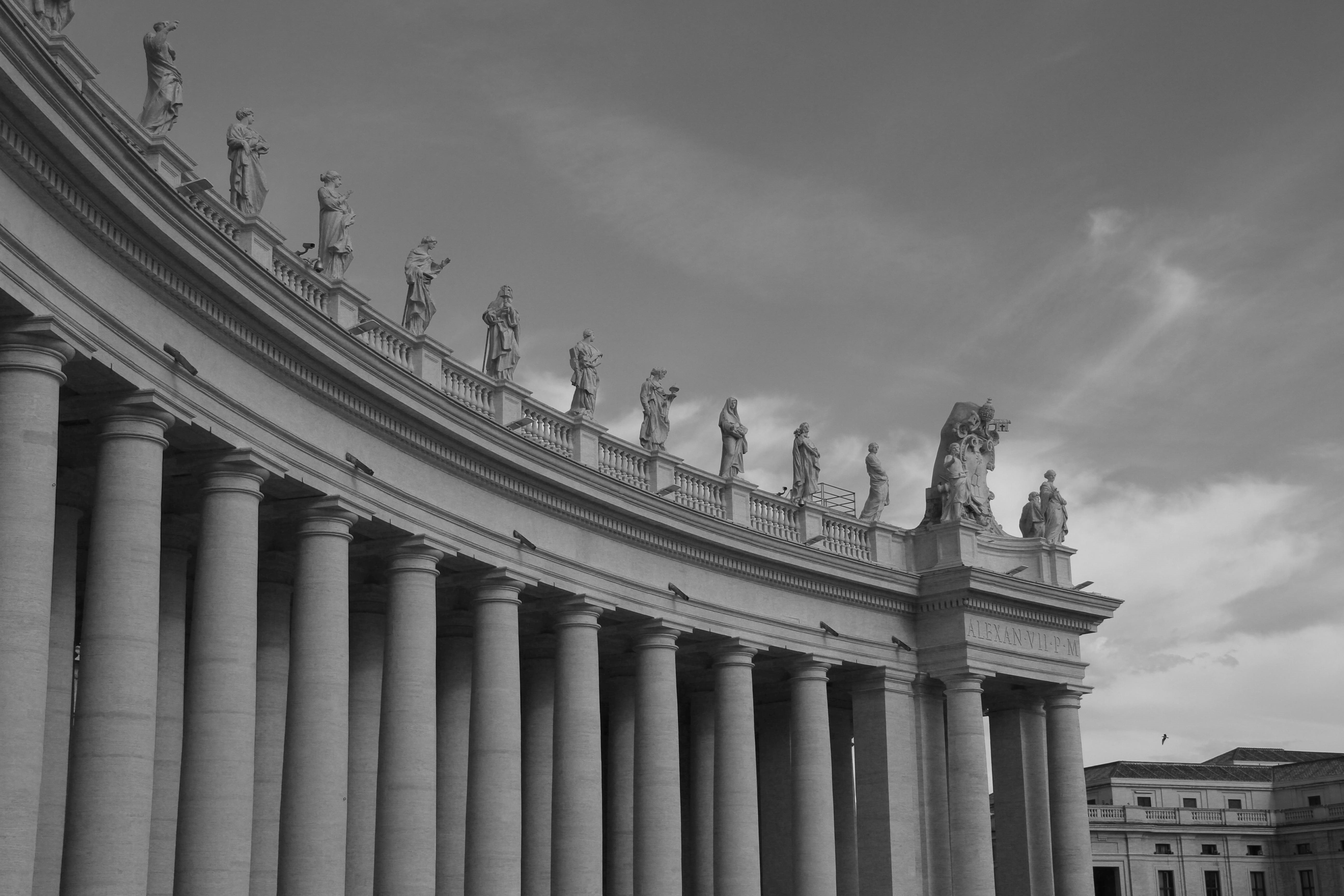 nature, city, old, ornate, outdoors, seagull, St PeterS Square, sky, the past, ancient rome, rome, history, colonnade, structure, column, art and craft, HD Wallpaper