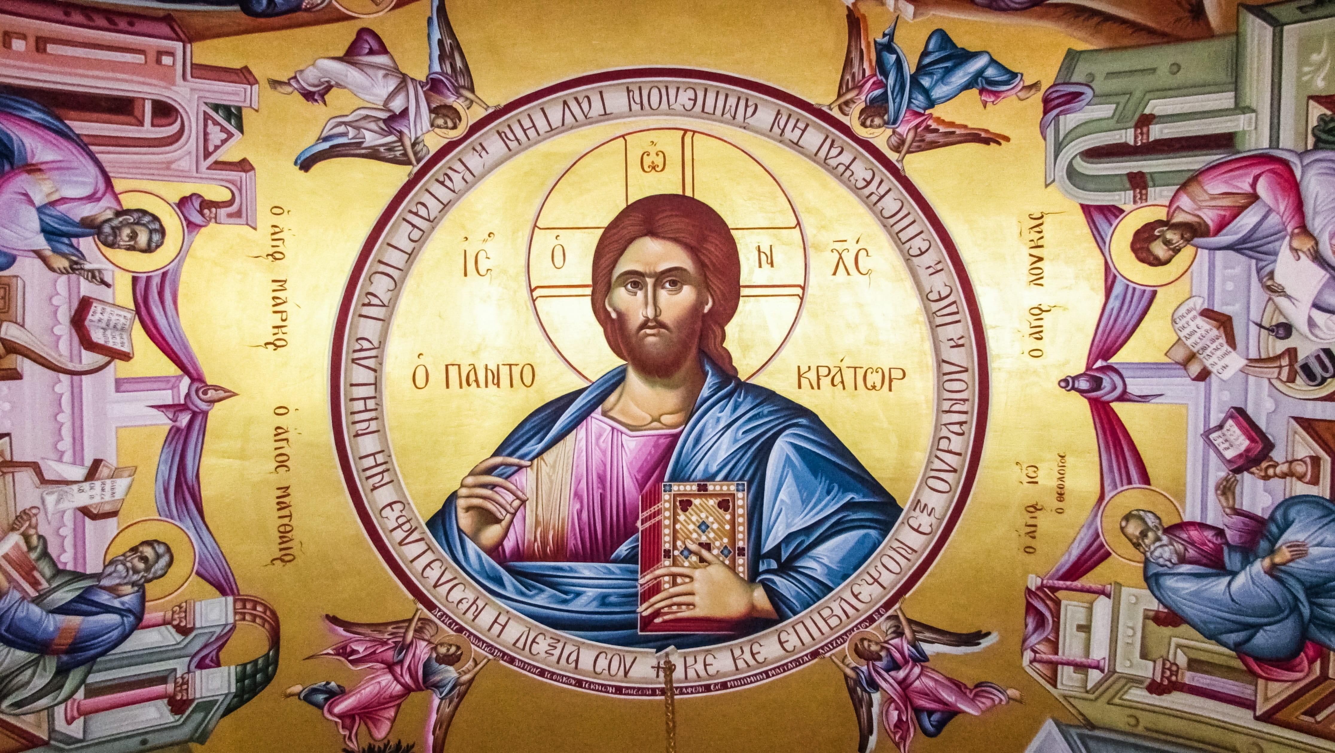 indoors, wall - building feature, art and craft, adult, religion, young adult, jesus christ, cyprus, 4K, evangelists, ayia napa, people, human representation, HD Wallpaper