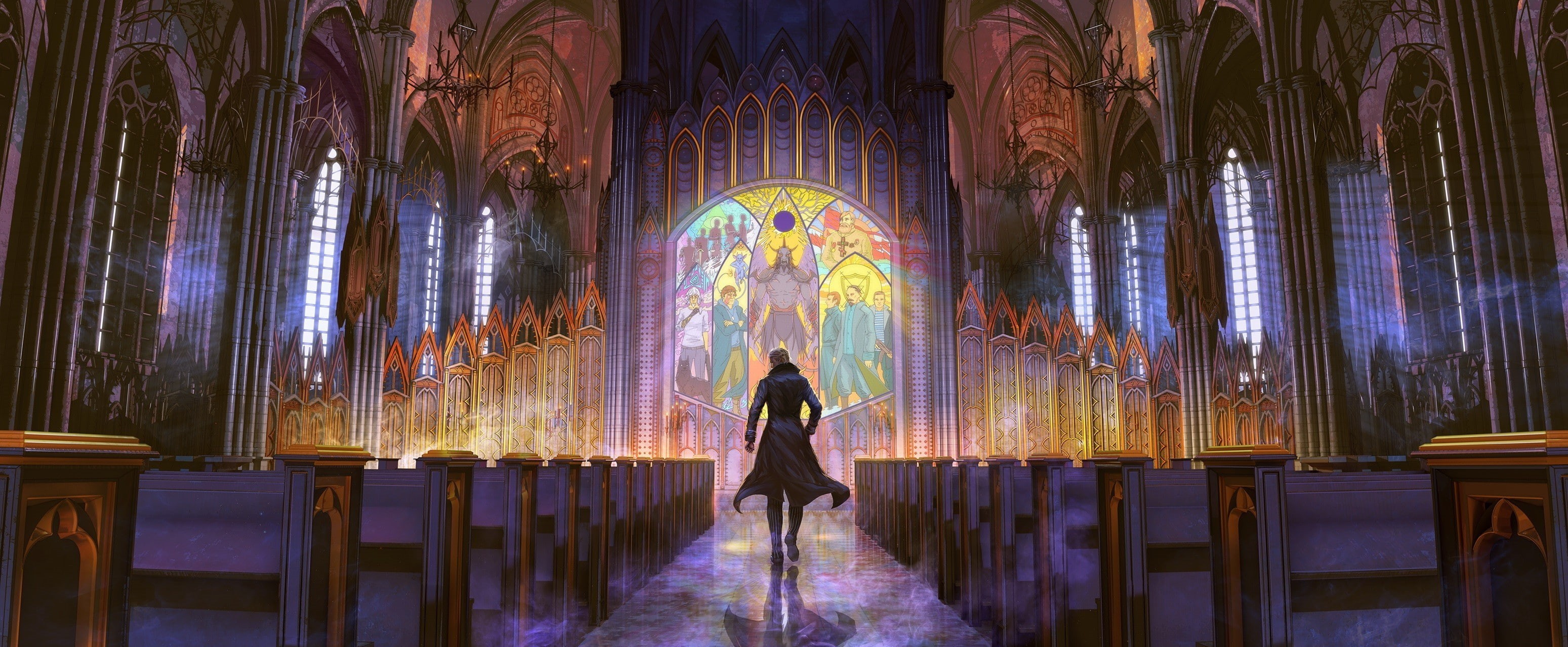 stained glass, cathedral, fantasy art, church, interior, 2K, artwork, bench, HD Wallpaper
