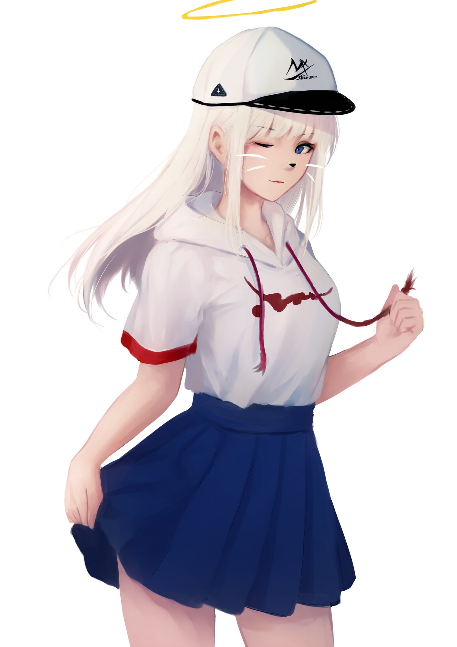 white hair, long hair, illustration, drawing, simple background, MX shimmer, anime girls, portrait display, white background, wink, artwork, looking at viewer, Phone HD Wallpaper