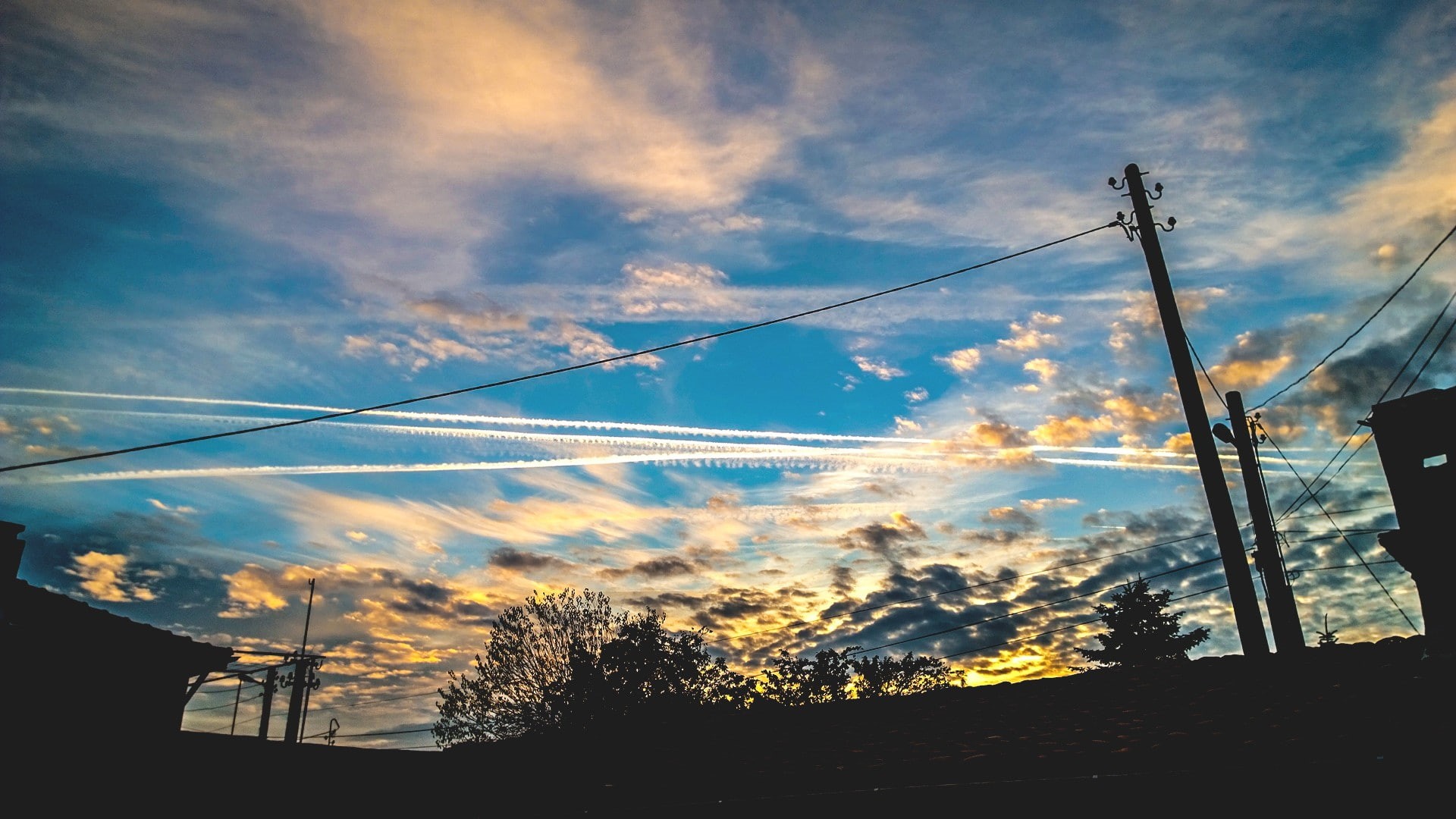 utility pole, sky, 1080P, photography, clouds, warm colors, HD Wallpaper