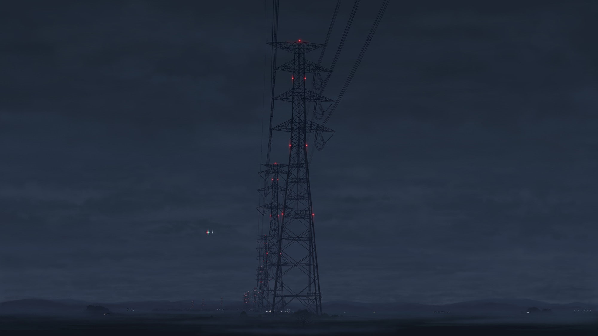 night, utility pole, anime, 1080P, power lines, HD Wallpaper