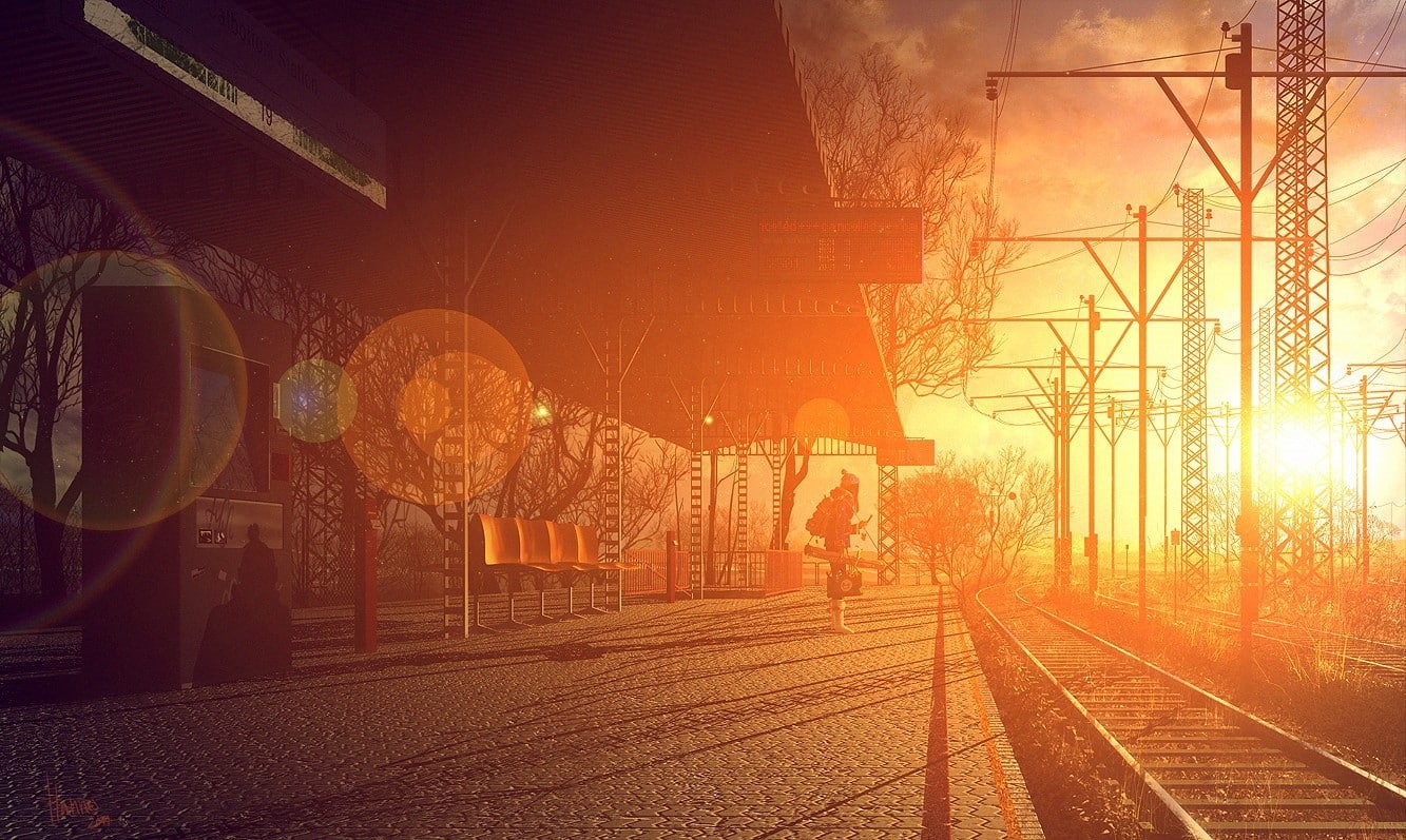 lens flare, sunset, bokeh, utility pole, sunlight, railway, power lines, fall, 720P, women, train station, cobblestone, HD Wallpaper