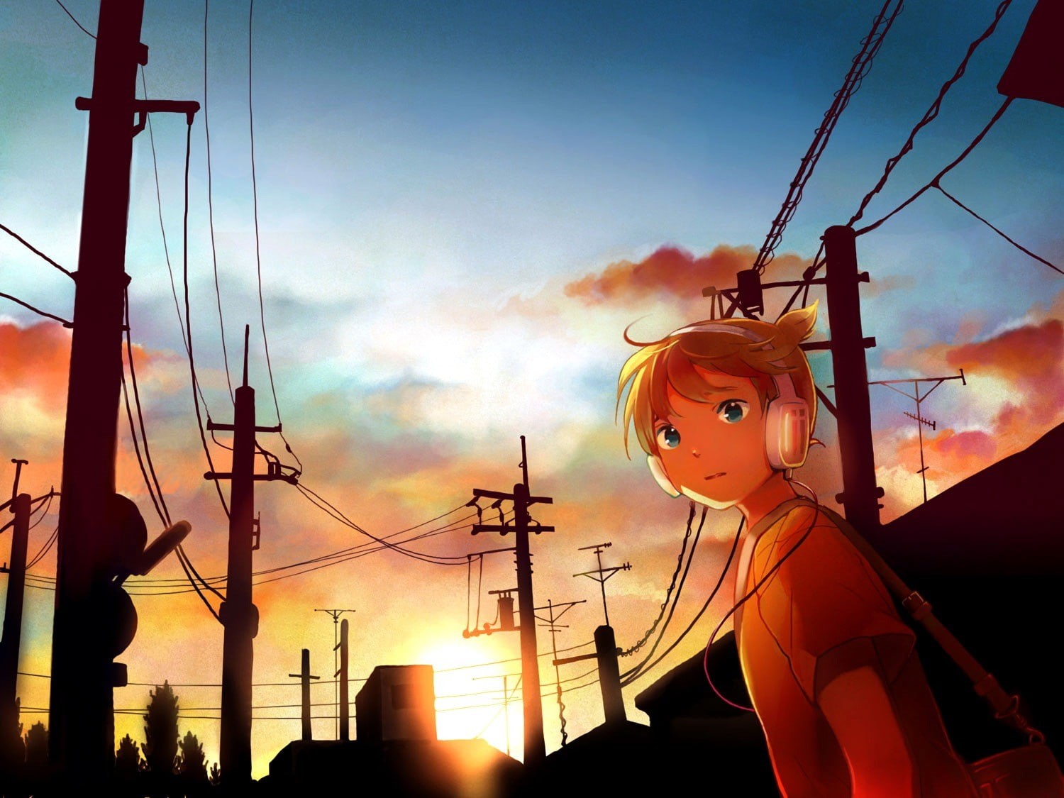hairstyle, nature, utility pole, Kagamine Len, anime boys, sunlight, one person, representation, power line, headphones, electricity, orange color, cloud - sky, HD Wallpaper