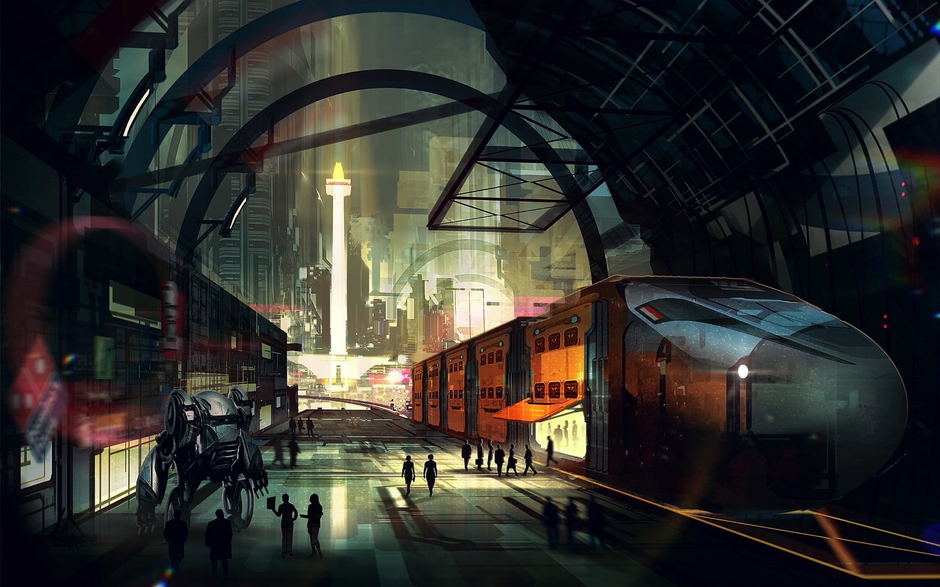architecture, arch, digital art, train station, real people, building exterior, mode of transportation, train, travel, lens flare, station, city, built structure, HD Wallpaper