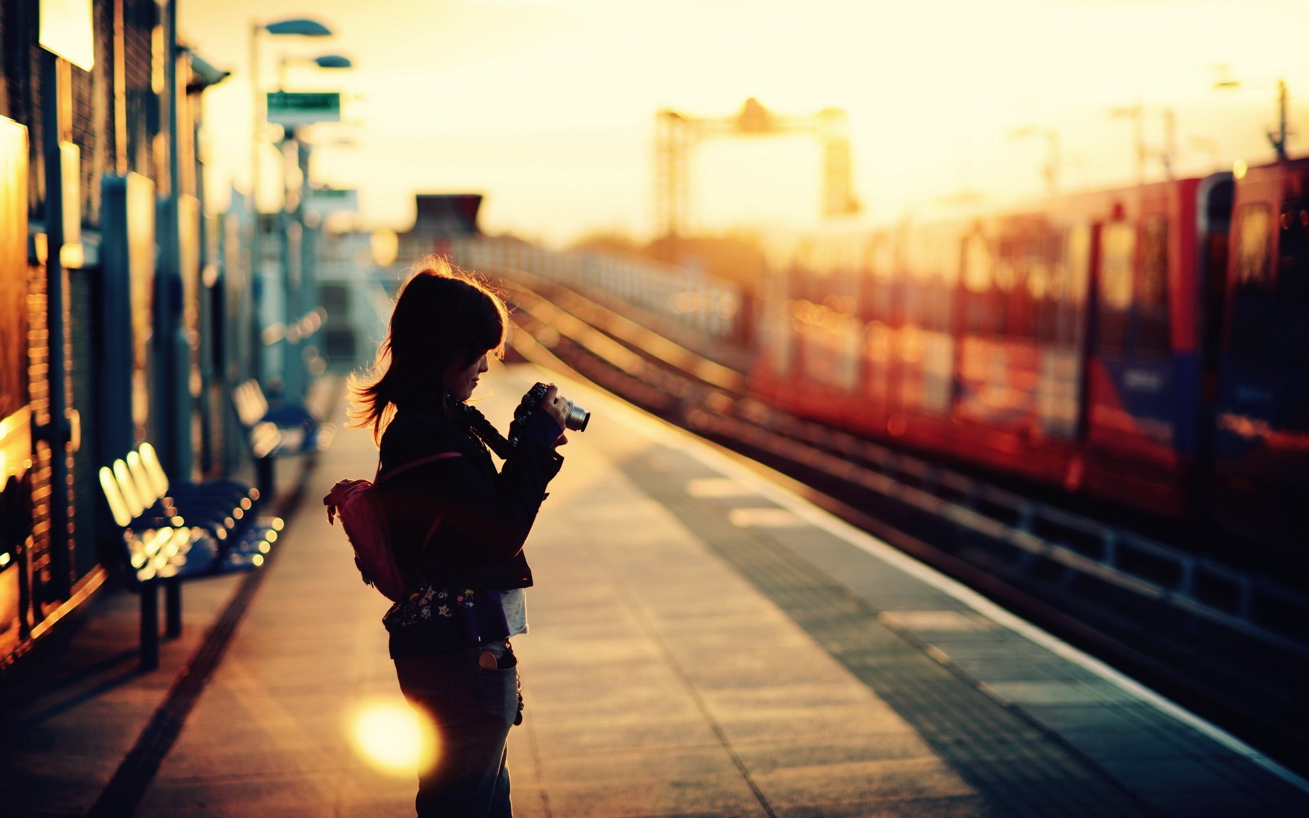 railway station, women, railway, train station, bokeh, train, camera, depth of field, photography, sunset, 2K, photographer, HD Wallpaper