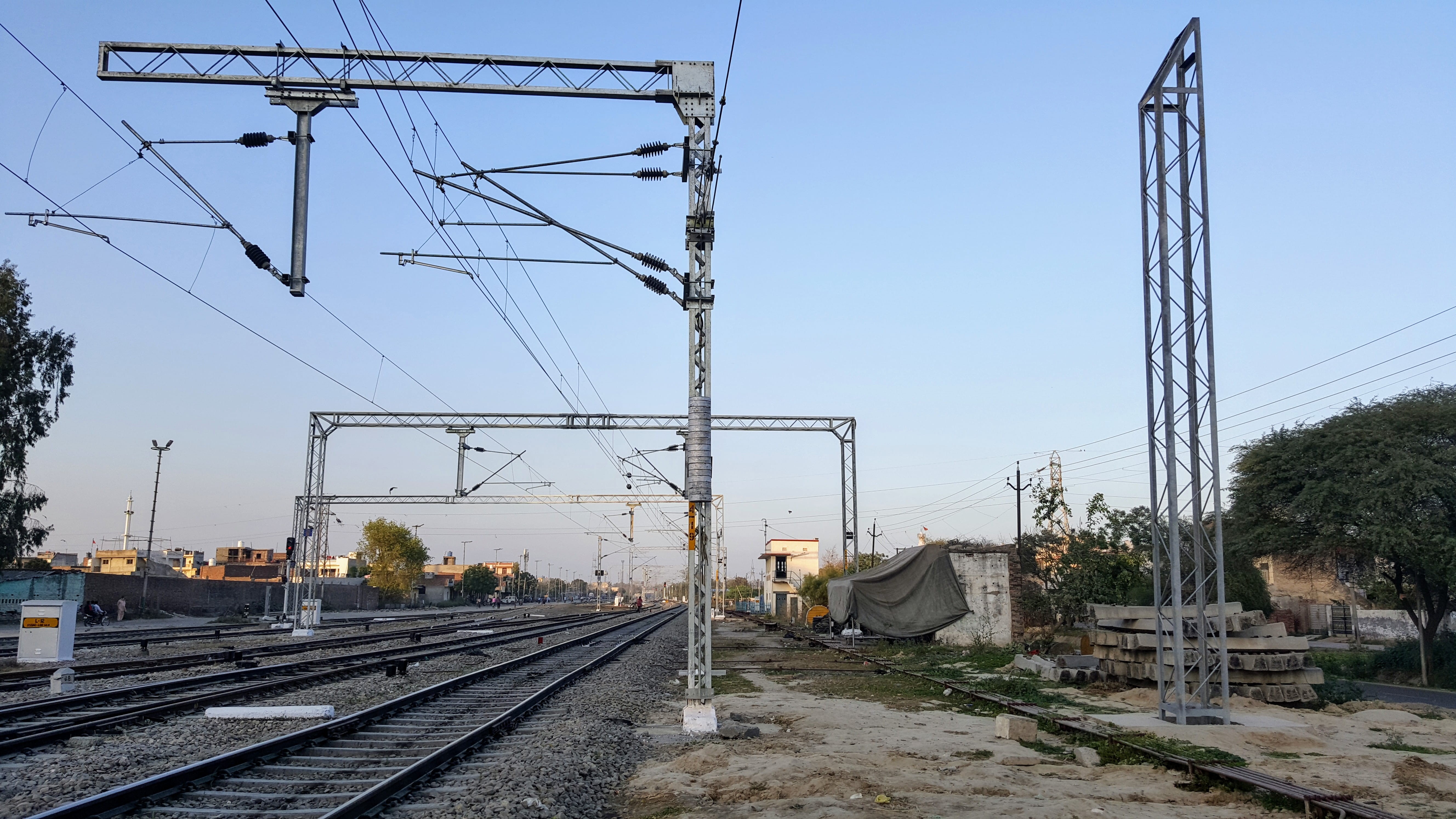 power supply, technology, built structure, utility pole, electricity, human, power lines, 5K, railway, tent, fuel and power generation, railroad track, HD Wallpaper