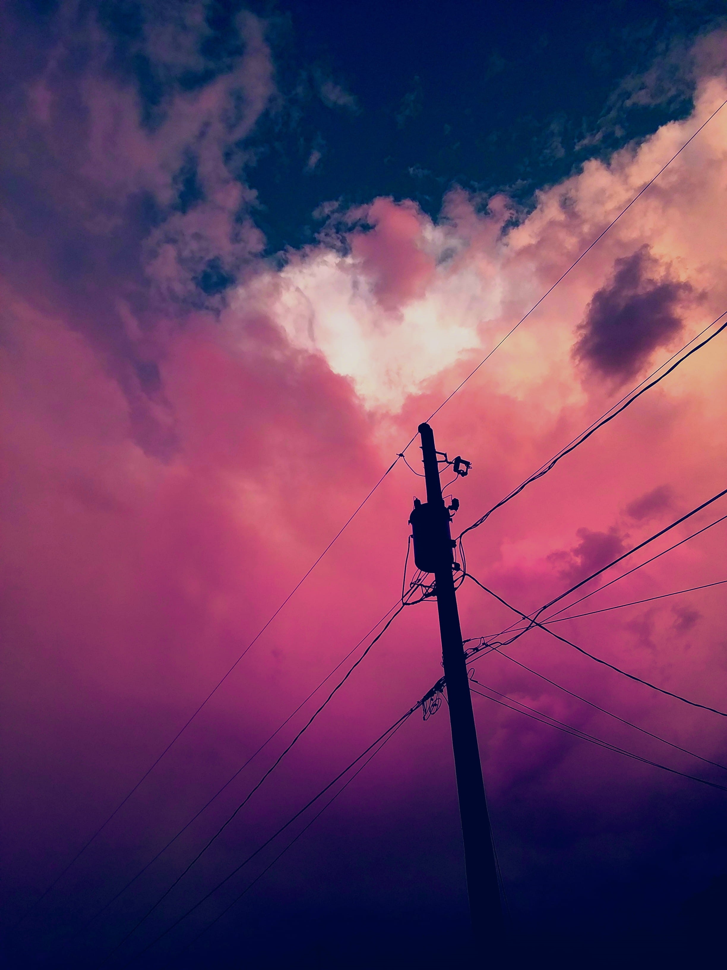 silhouette, wire, outdoors, technology, beauty in nature, electricity, power supply, nature, power lines, evening, energy, post, orange color, cloud - sky, Phone HD Wallpaper